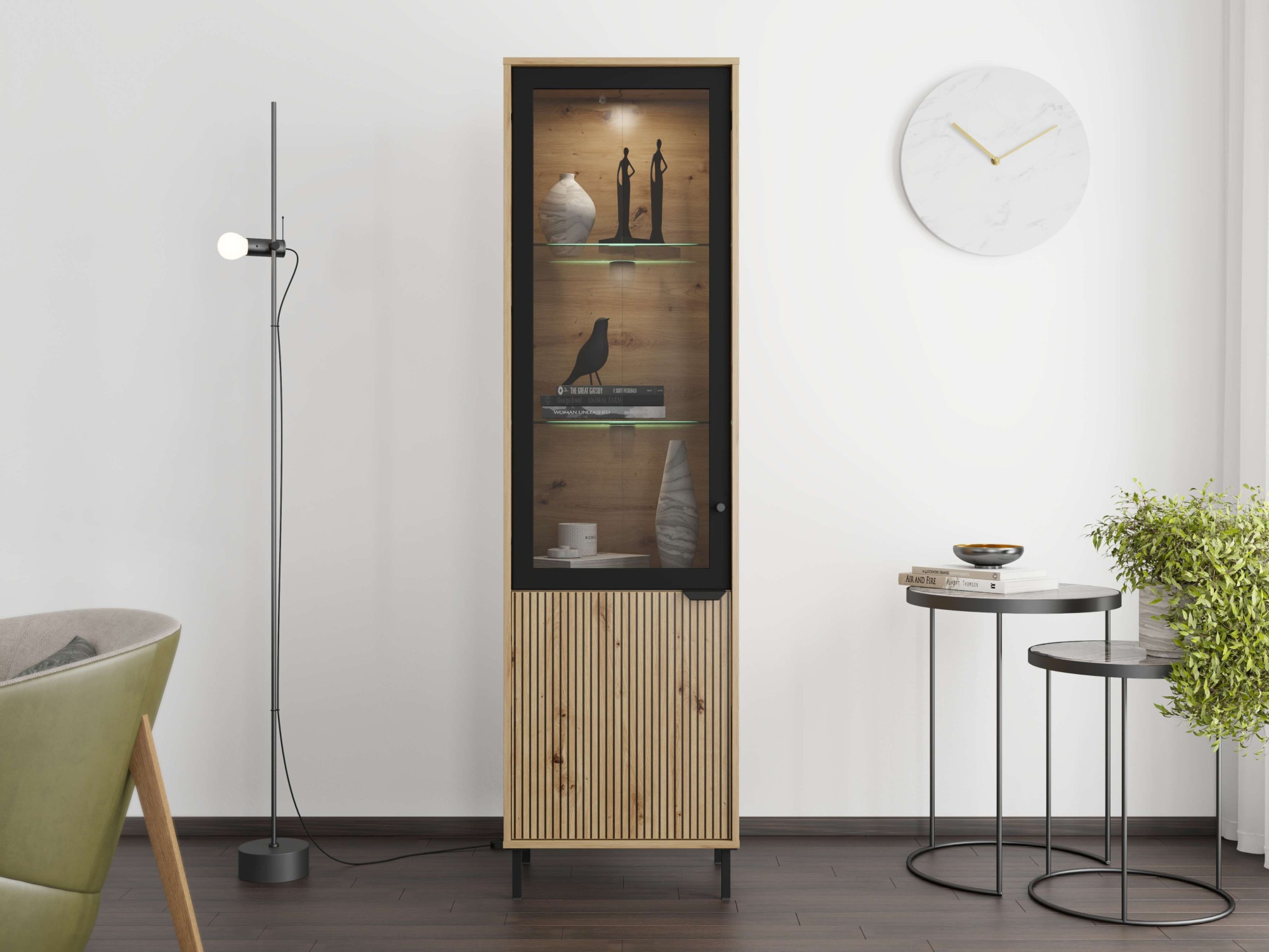 Home affaire Vitrine »Mayenne Vitrinenschrank, Standvitrine, Showcase, B/H: 54,5/195 cm« Holztür mit Rillen-Optik, Glastür, Modernes Design