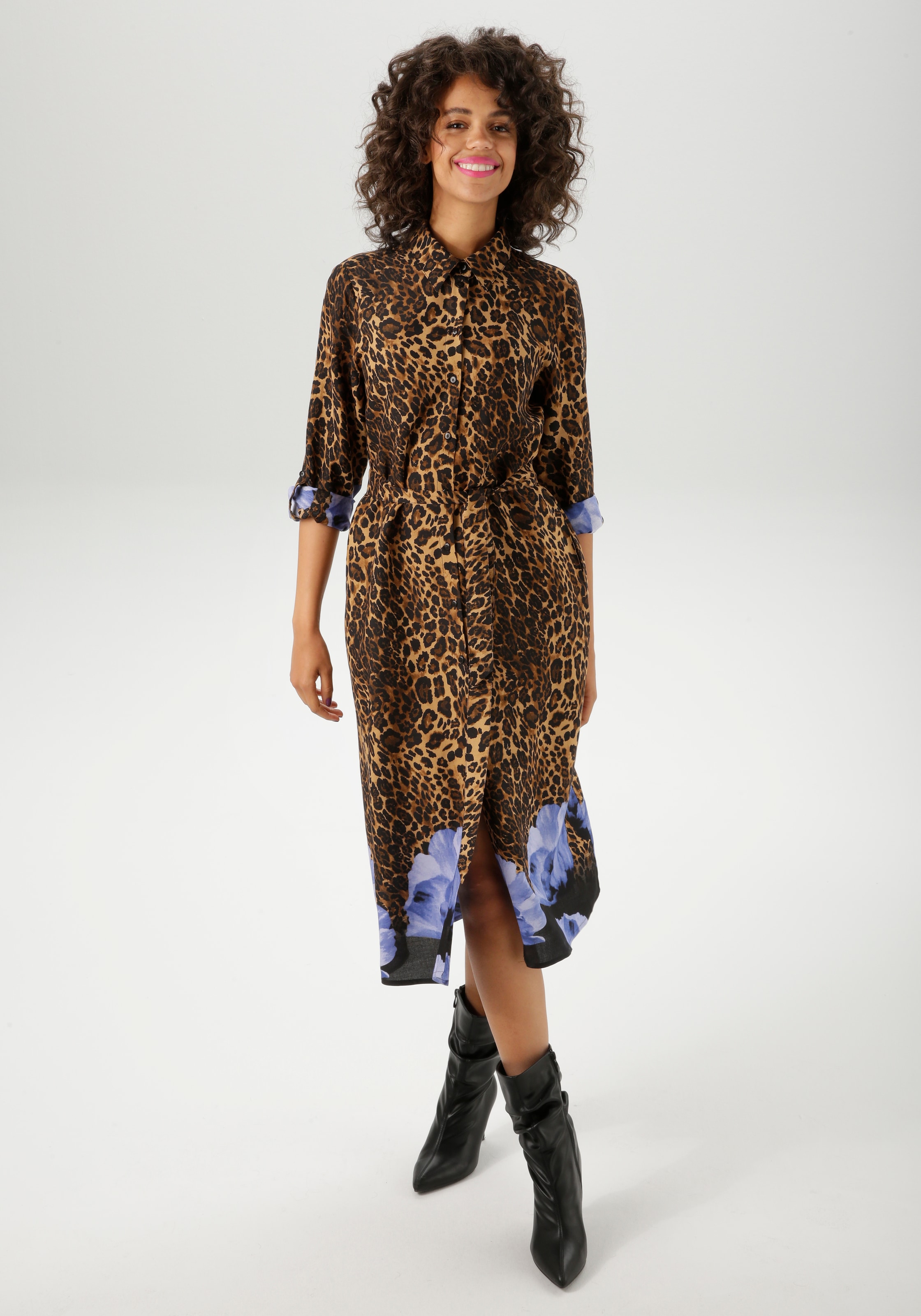 Image of Aniston CASUAL Blusenkleid mit abnehmbarem Bindegürtel, mit Blüten-Bordüre und Leo-Print