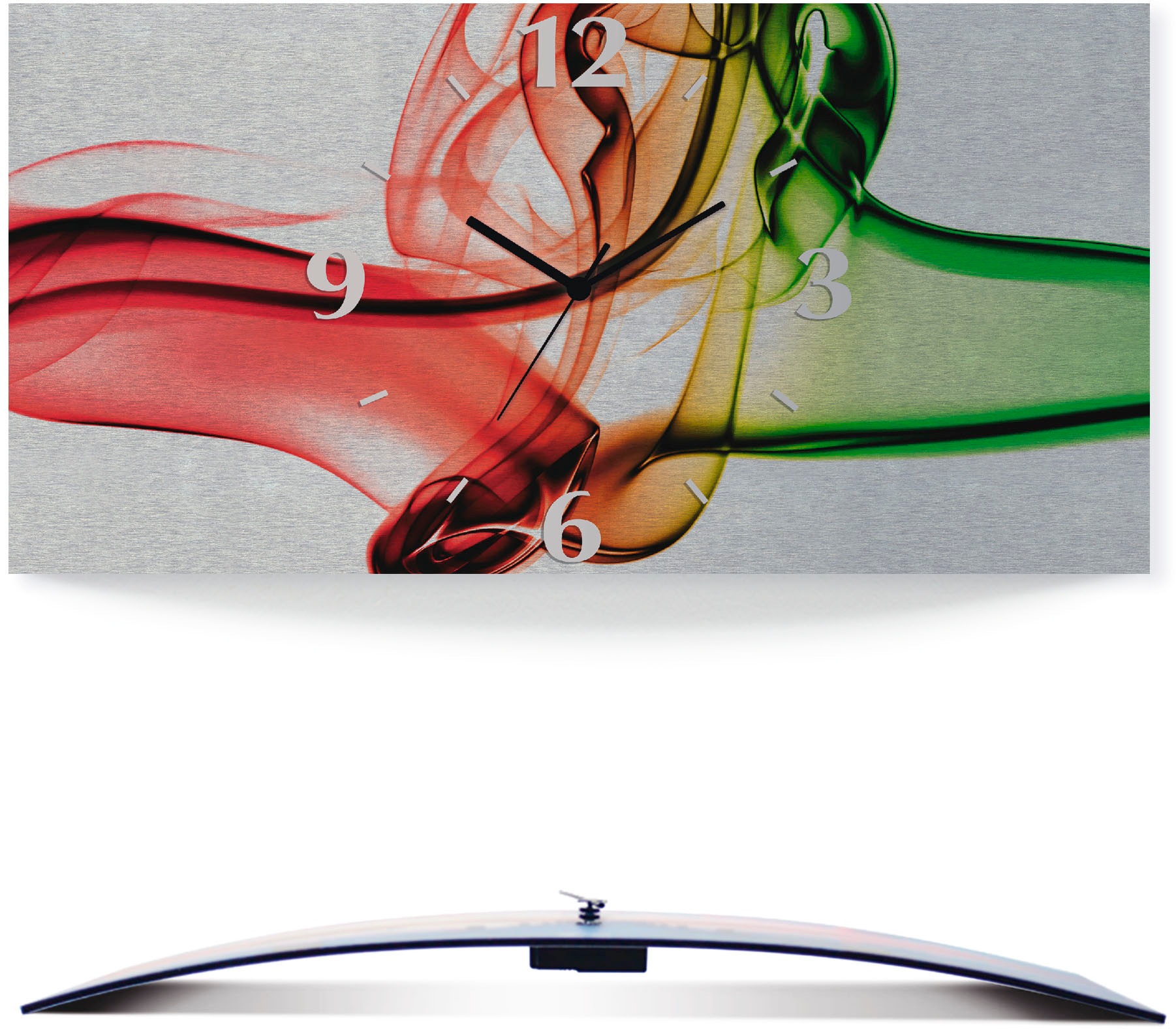Image of Artland Wanduhr »Aufeinanderprallen von rot und grün«, 3D Optik gebogen, silberfarben-metallic, lautlos, ohne Tickgeräusche, nicht tickend, geräuschlos - wählbar: Funkuhr o. Quarzuhr, moderne Uhr für Wohnzimmer, Küche etc. - Stil: modern bei Ackermann Ver