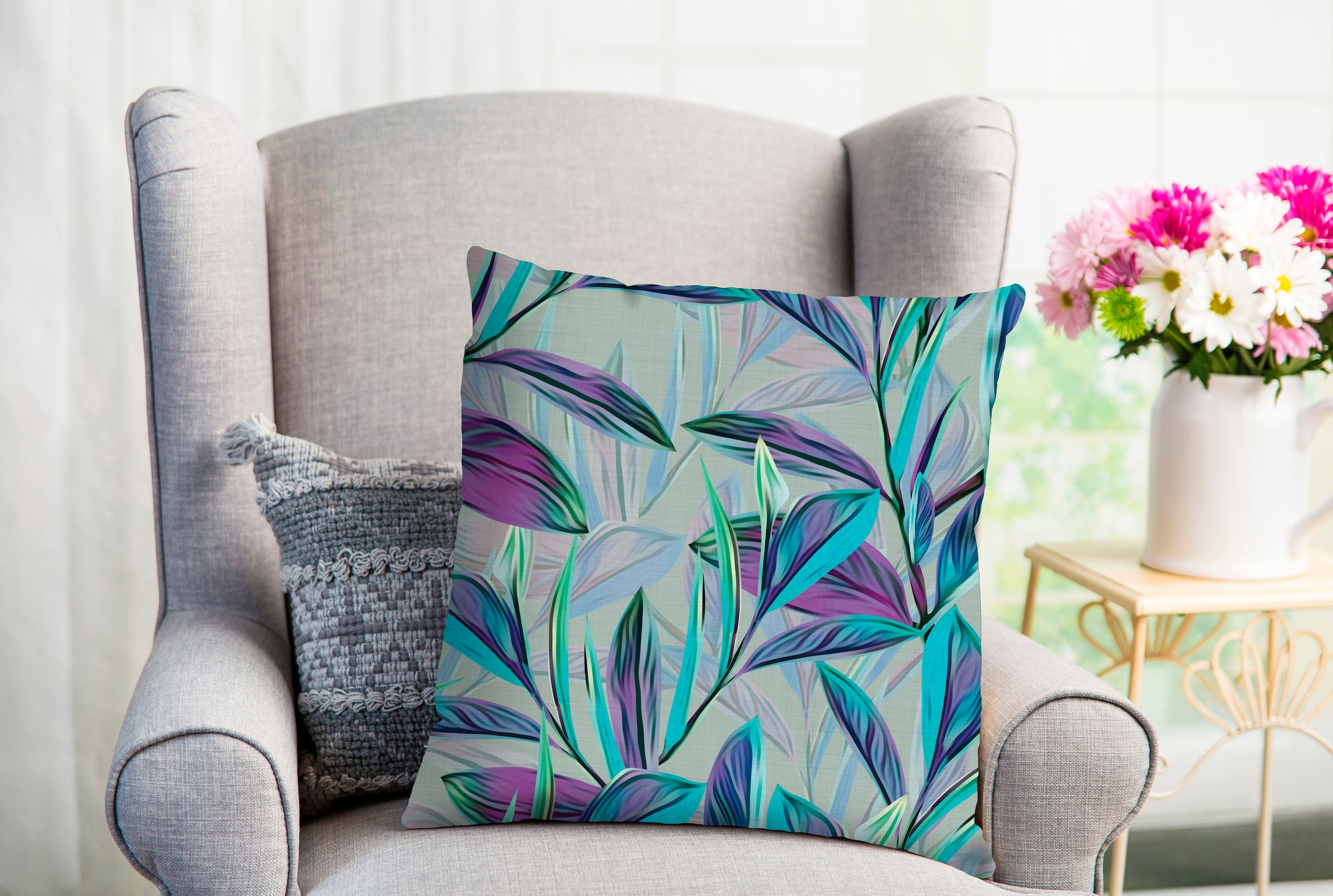 Image of queence Dekokissen "Falk" Kissenhülle,Sträucher,Floral,Botanisch,Naturmotiv,Grüne Blätter,Zart
