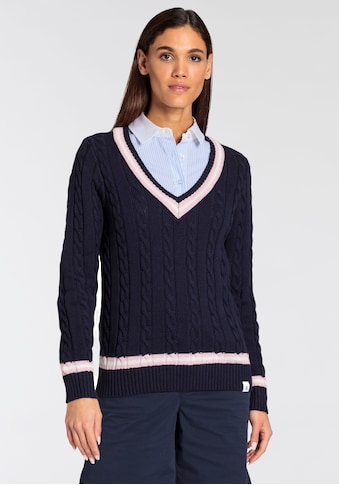 V-Ausschnitt-Pullover, mit Zopfstrickmuster im College-Stil
