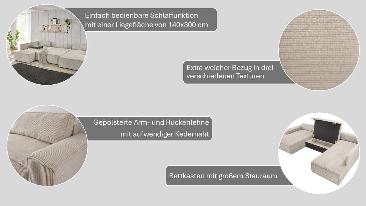 Home affaire Wohnlandschaft »SHERWOOD U-Form, 329 cm - OTTO. Verlässliche Qualität.« Schlaffunktion m. Bettkasten (194x139 cm), Cord, Vintage, Samtvelours