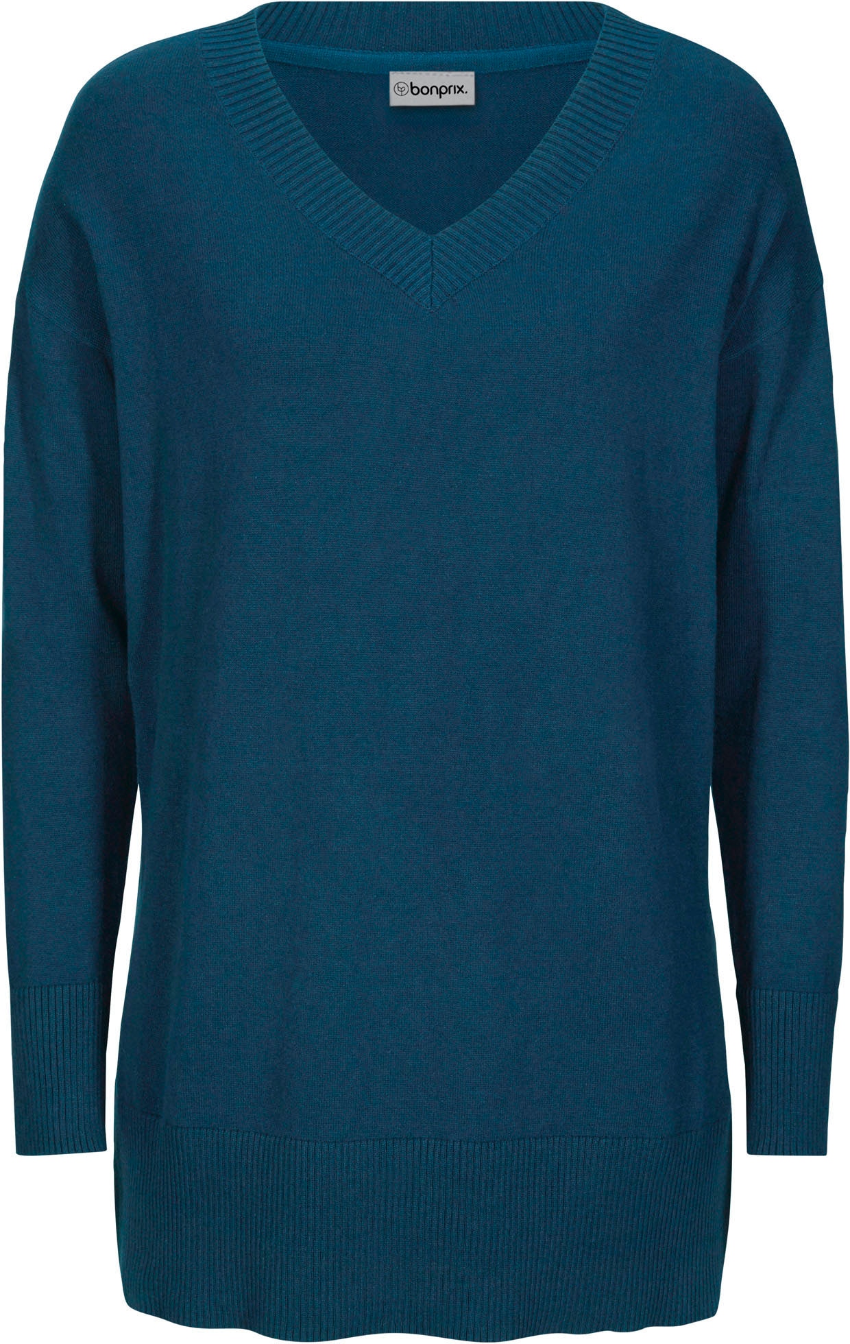 bonprix Pull long »Long-Pullover« mélange coton fin tricoté, col en V, fentes latérales