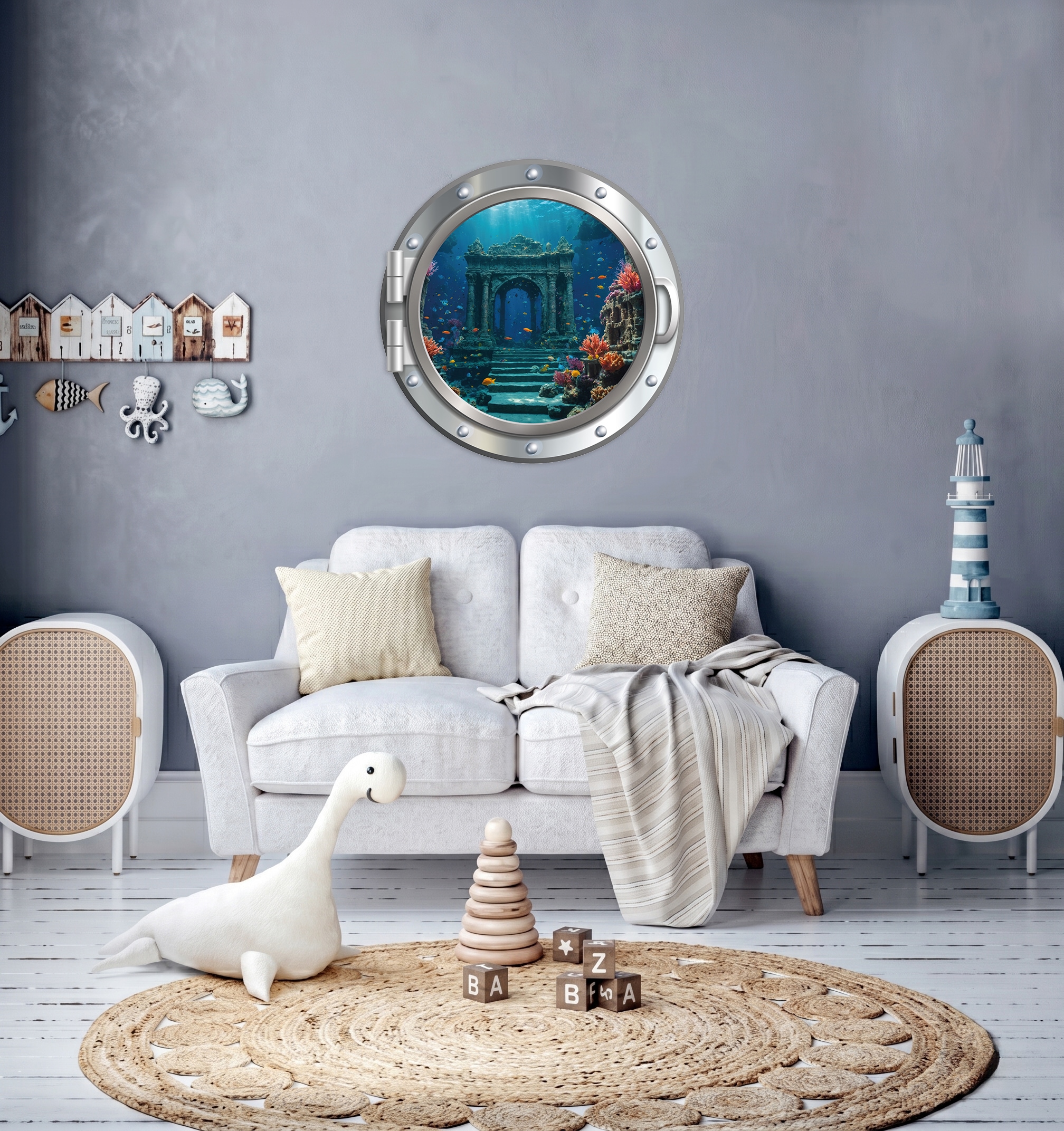 Image of queence Wandsticker "3D Bullauge Illusion Unterwasserwelt Torbogen 40x40 cm" Selbstklebender Wanddurchbruch Unterwasser