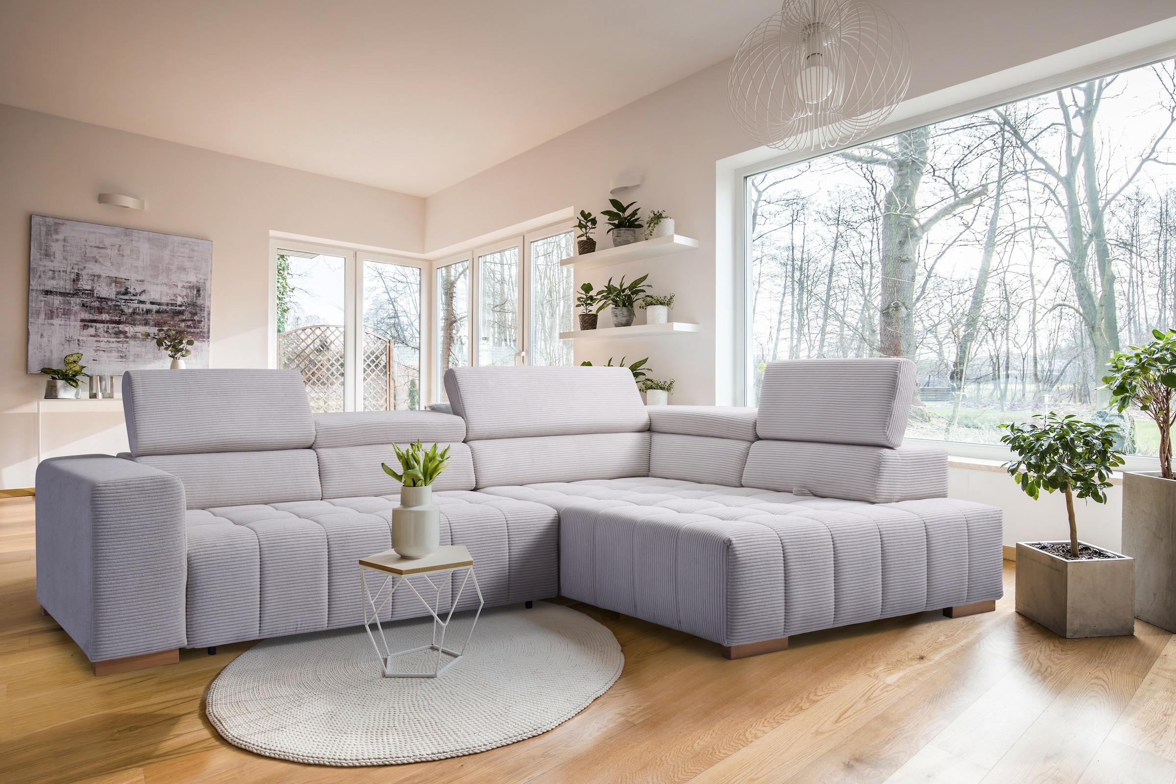 Image of exxpo - sofa fashion Ecksofa "Elianos, hoher Sitzkomfort, aufwendige Kreuzsteppung im Sitz, L-Form" Kopfteile & Sitztiefe verstellbar, ohne Bettfunktion, Cord, beige