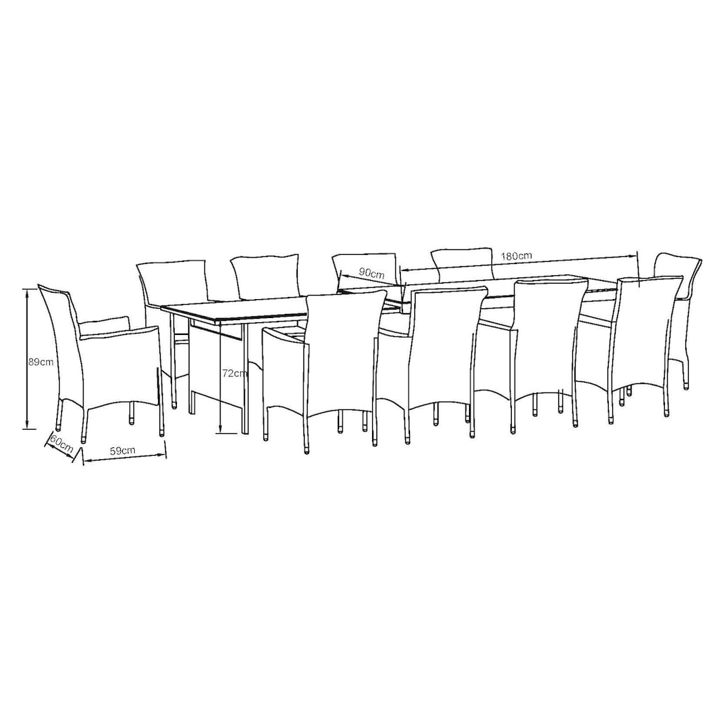KONIFERA Garten-Essgruppe »Mailand«, (Set, 31 tlg., 10x Sessel, 1x AZ-Tisch 179-302 cm, inkl. Auflagen)