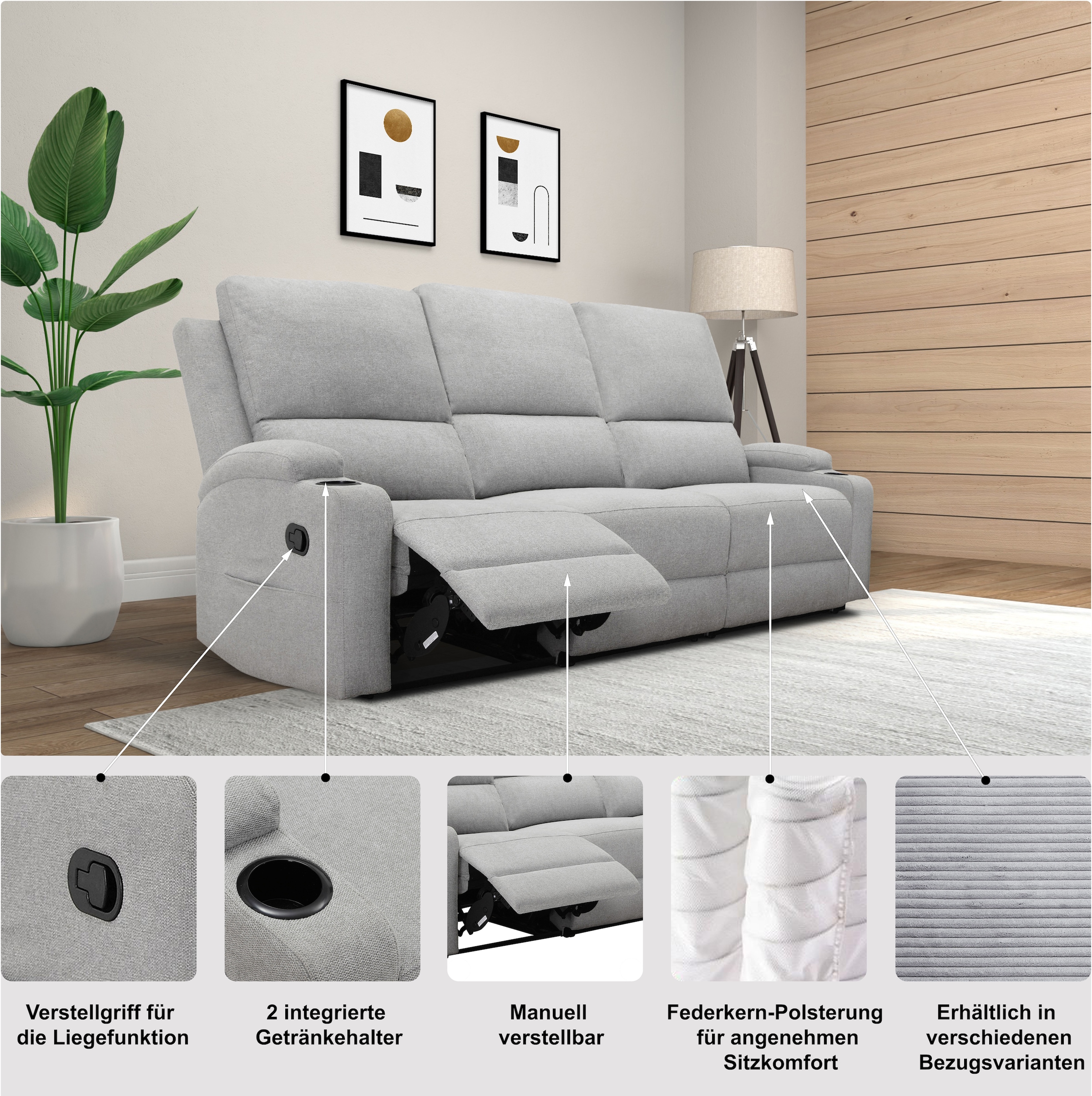 Home affaire 3-places »Napori« Kinosofa mit 2 x Relaxfunktion und Getränkehalter