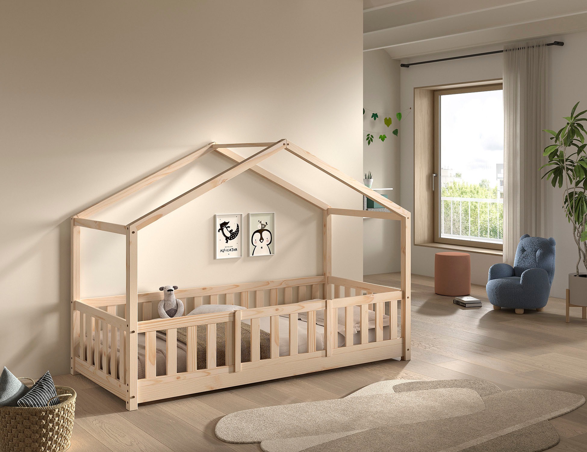 Vipack Hausbett »Dallas, Massivholzbett mit Dachaufbau umbaubar vom Boden- zum Daybett« inkl. Lattenrost, Rausfallschutz, Sprossen, 90 oder 140x200 cm breit,  stabil und standfest gebaut, wahlweise Kiefer massiv natur oder weiss