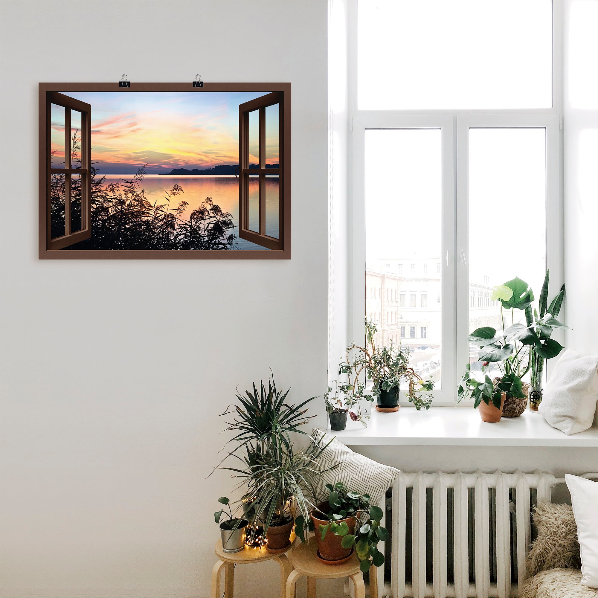 Artland Wandbild »Fensterblick - Abendrot im Schilf«, Fensterblick, (1 St.), als Leinwandbild, Poster in verschied. Grössen