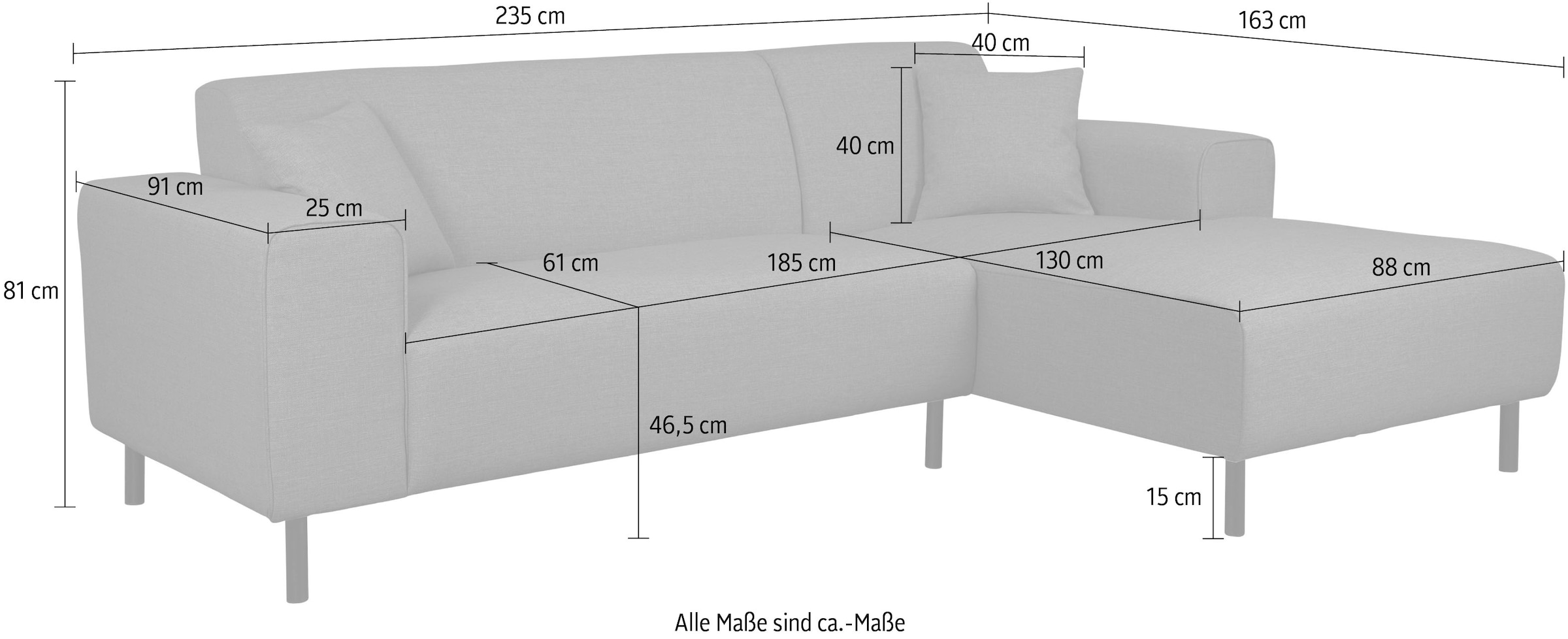 Home affaire Ecksofa »ARROS L-Form mit Wellenunterfederung, Masse B/T/H: 235/163/81 cm« incl. Zierkissen, mit Recamiere rechts/links bestellbar, auch in Cord