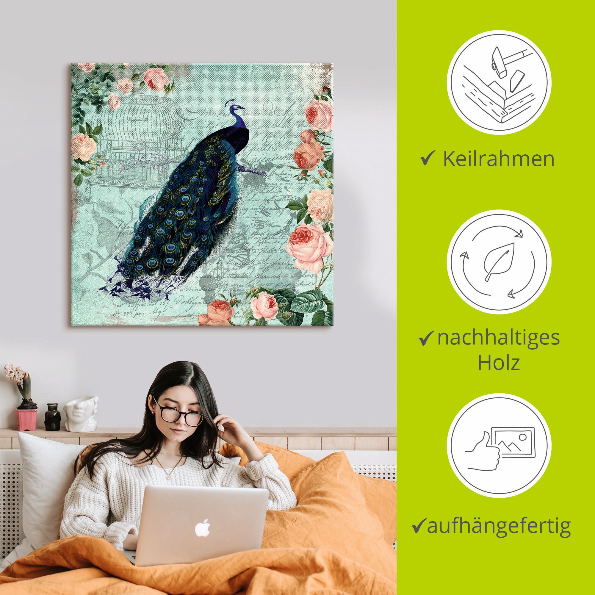 Artland Leinwandbild »Vintage Rosen und Pfau Illustration« Vögel 1 Stk. tlg. auf Holzrahmen gespannt