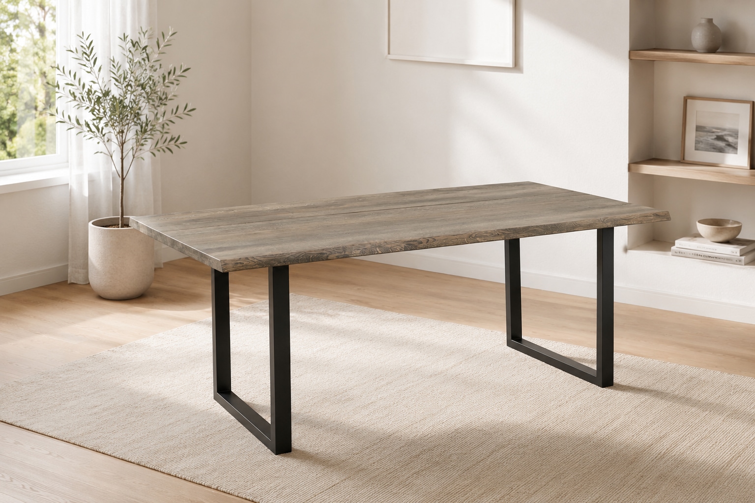 GOODproduct Esstisch »»AARHAUS« Speisetisch, Küchentisch, Wohntisch, Esszimmertisch« Wildeiche geölt Natur/Smoke, Baumkante, U-Gestell schwarz Metall