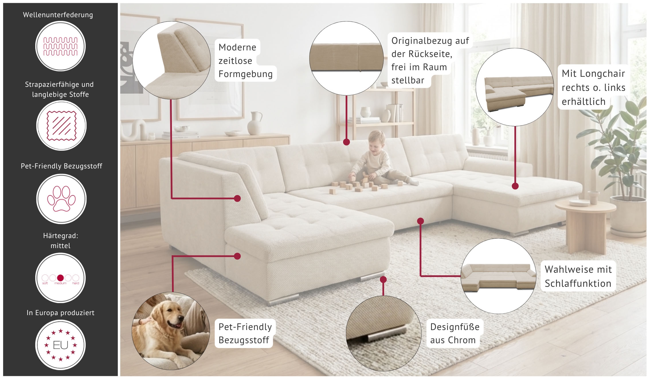 GOODproduct Wohnlandschaft »Tornby 360 x 201 cm, mit Steppungen, modern & stabil« L-Form, aus haustierfreundlichem Pet Friendly Bezug