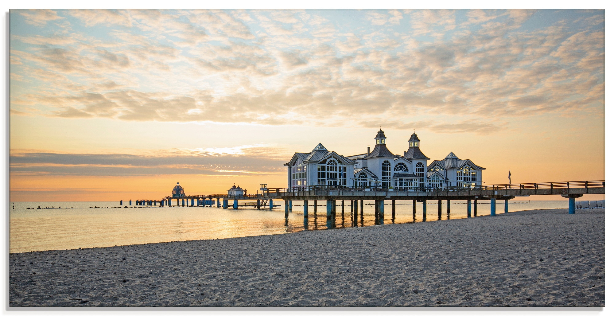 Artland Glasbild »Seebrücke Strand, kaufen Sonnenaufgang«, Grössen Sellin bei (1 St.), in verschiedenen