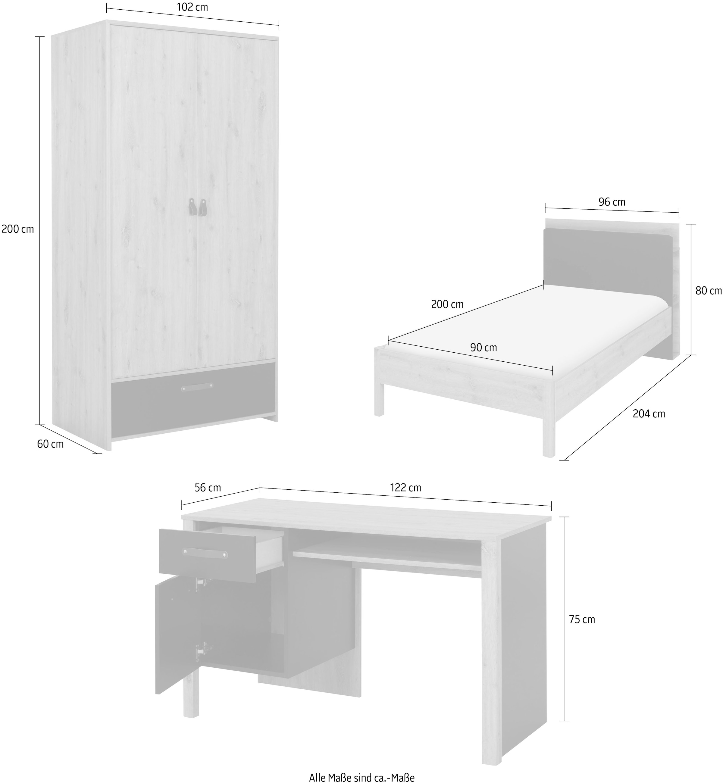 Gami Jugendzimmer-Set »Arthus«, (4 tlg., Bett mit Kopfteil, Kleiderschrank, Schreibtisch)