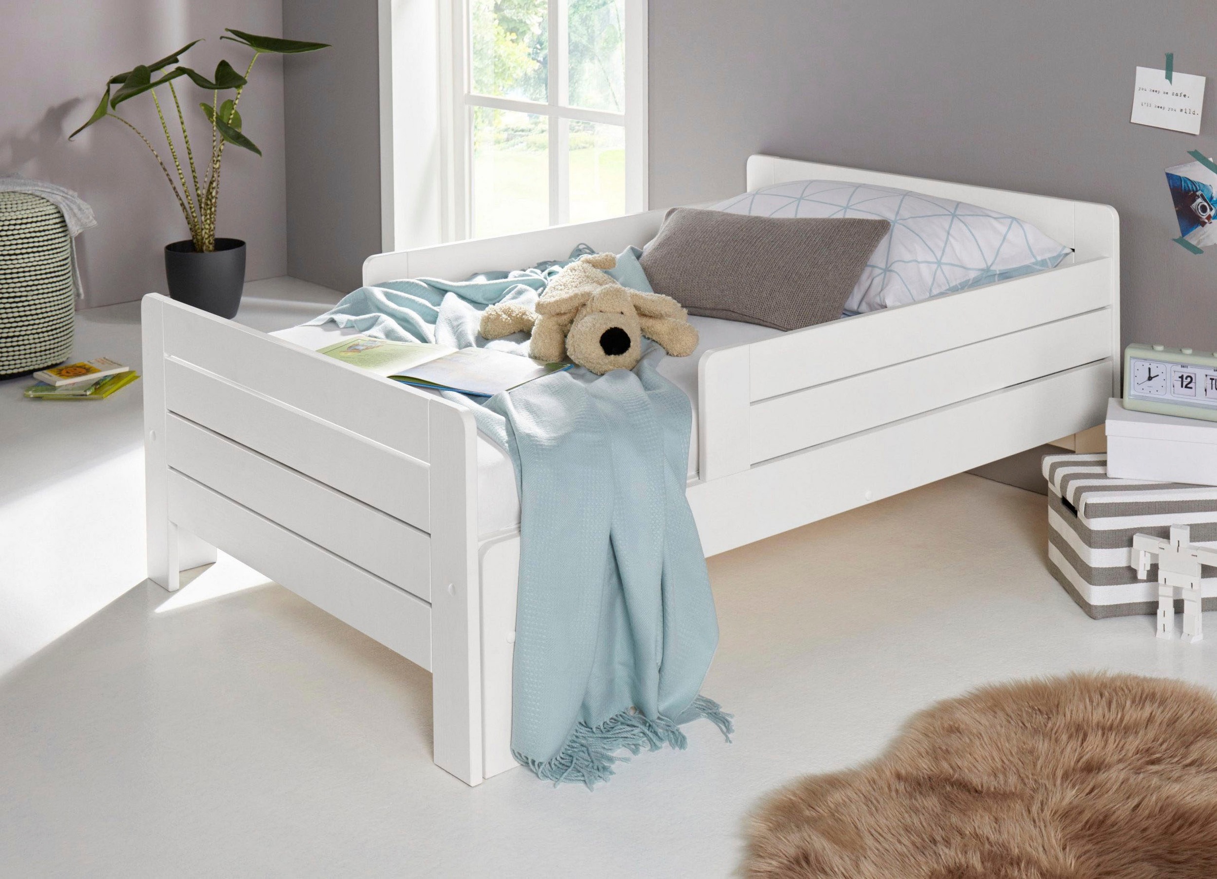 Image of GOODproduct Funktionsbett ""LOTTE " Kinderbett mit Rausfallschutz, Schublade optional" ausziehbar von 140cm-200cm Länge, Mitwachsend, FSC zertifiziertes Massivholz