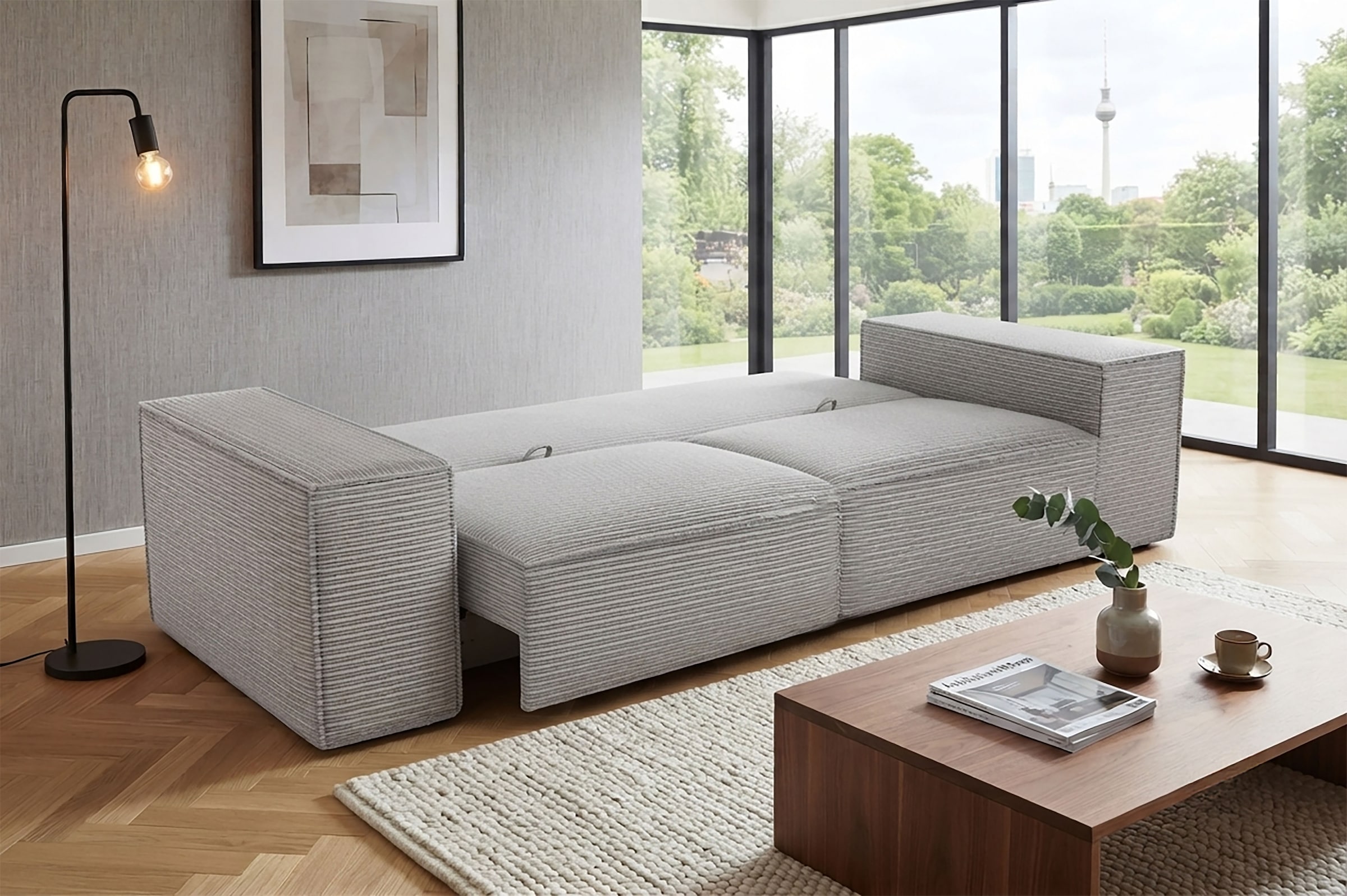 Trends by HG Canapé Big »Conor XL, B: 268cm, Liegefläche: 138 x 194 cm, in Cord und Velours« avec fonction couchage et coffre de lit