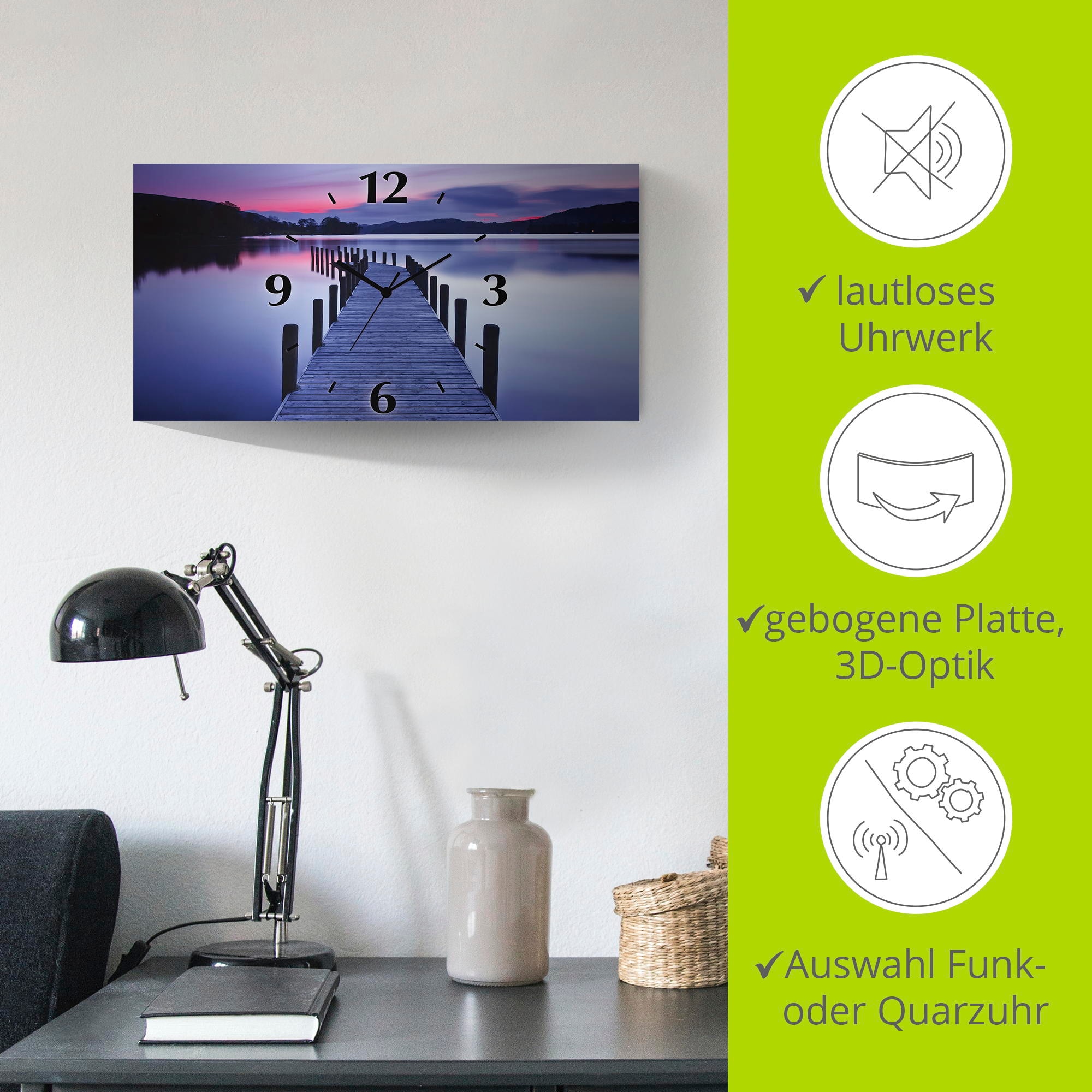 Artland Wanduhr »Panorama Steg Coniston Water«, 3D Optik gebogen, mit Quarz- oder Funkuhrwerk, versch. Grössen