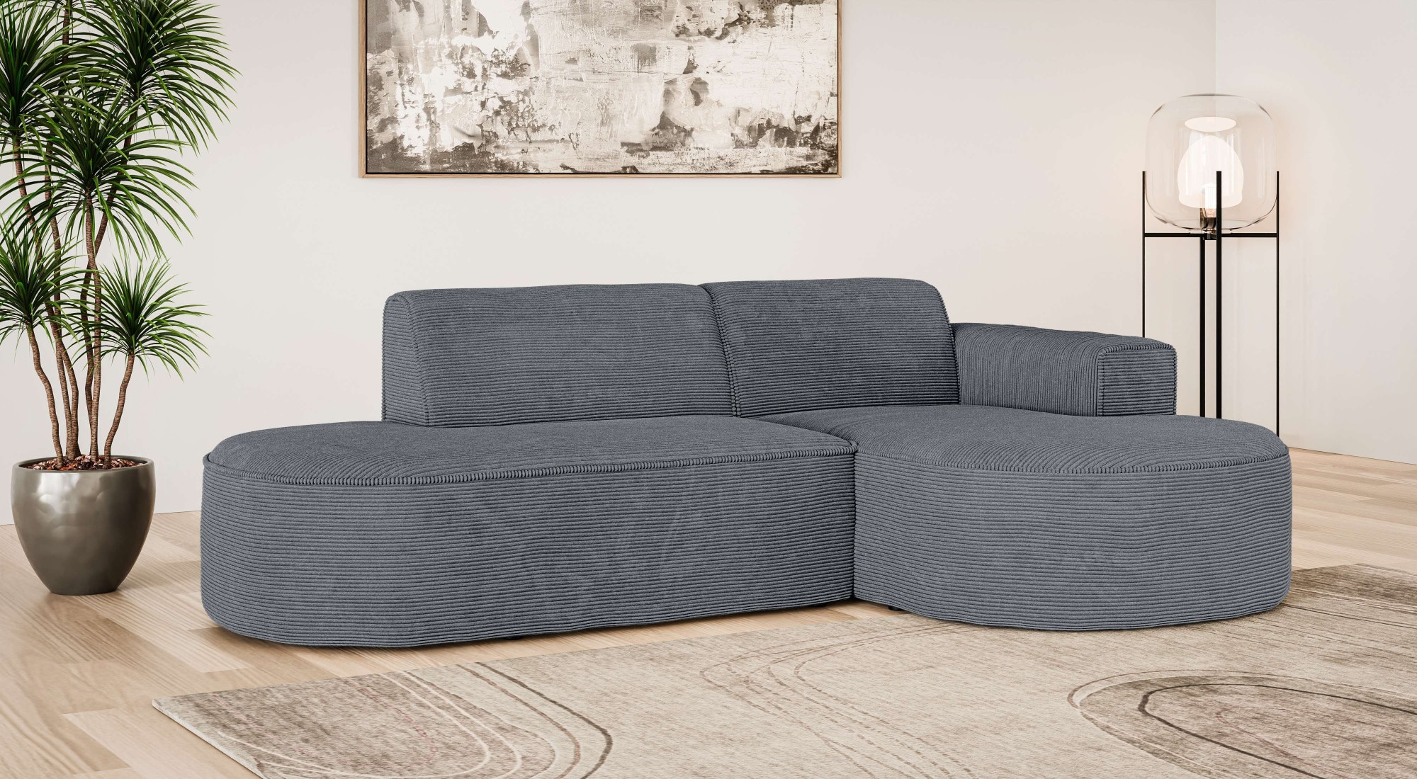GOODproduct Canapé d'angle »ADELLA XL Design-Sofa mit Recamiere rechts/links, 263/159/76 cm« L-Form XL mit Wellenunterfederung, runde Form, auch in Cord