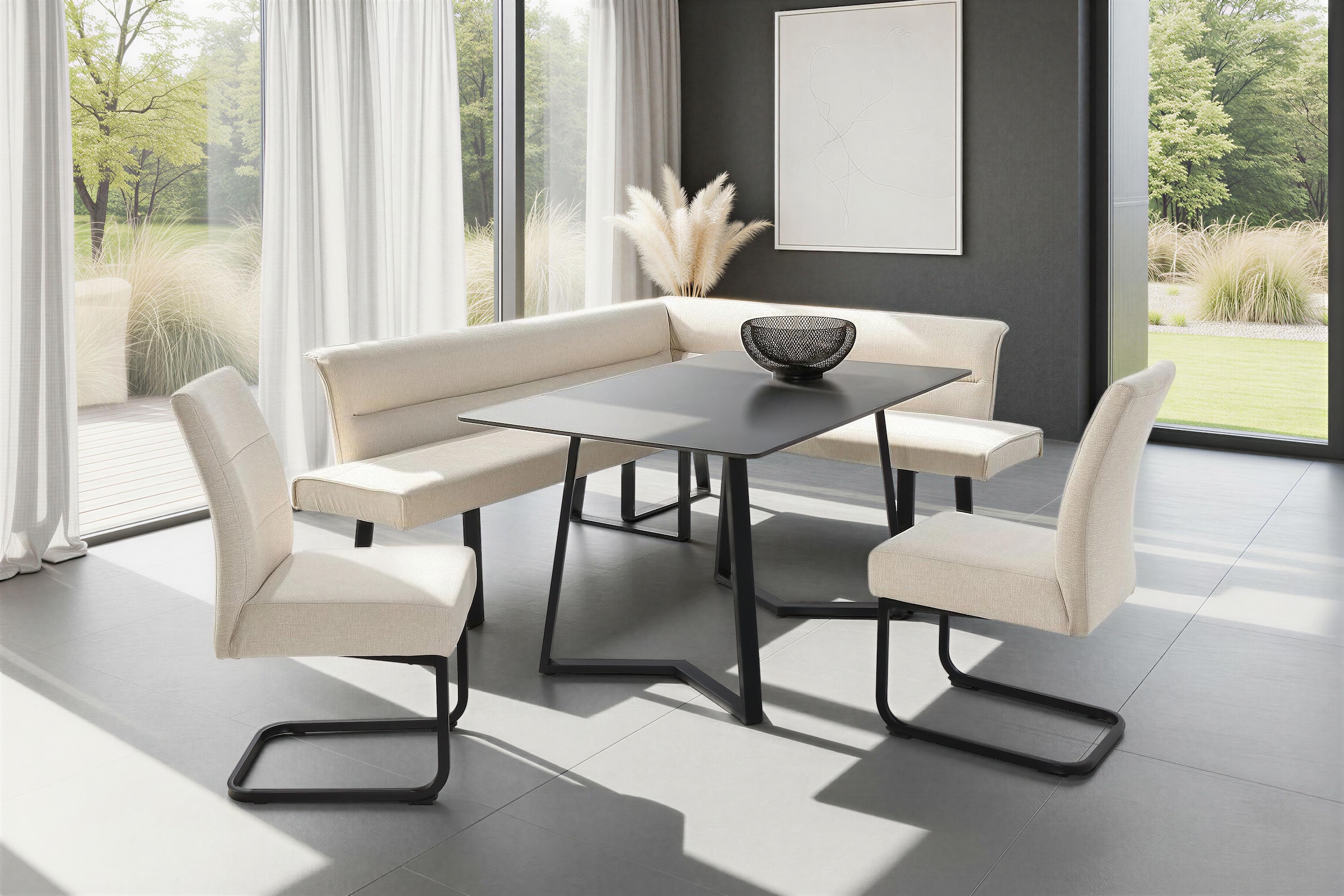 Image of Jockenhöfer Gruppe Eckbankgruppe "Tisch, Bank und 2 Stühle, Taschenfederkern" Set, 4 tlg. Tisch (140x90cm) schwarz, Bank und Stühle anthrazit oder beige