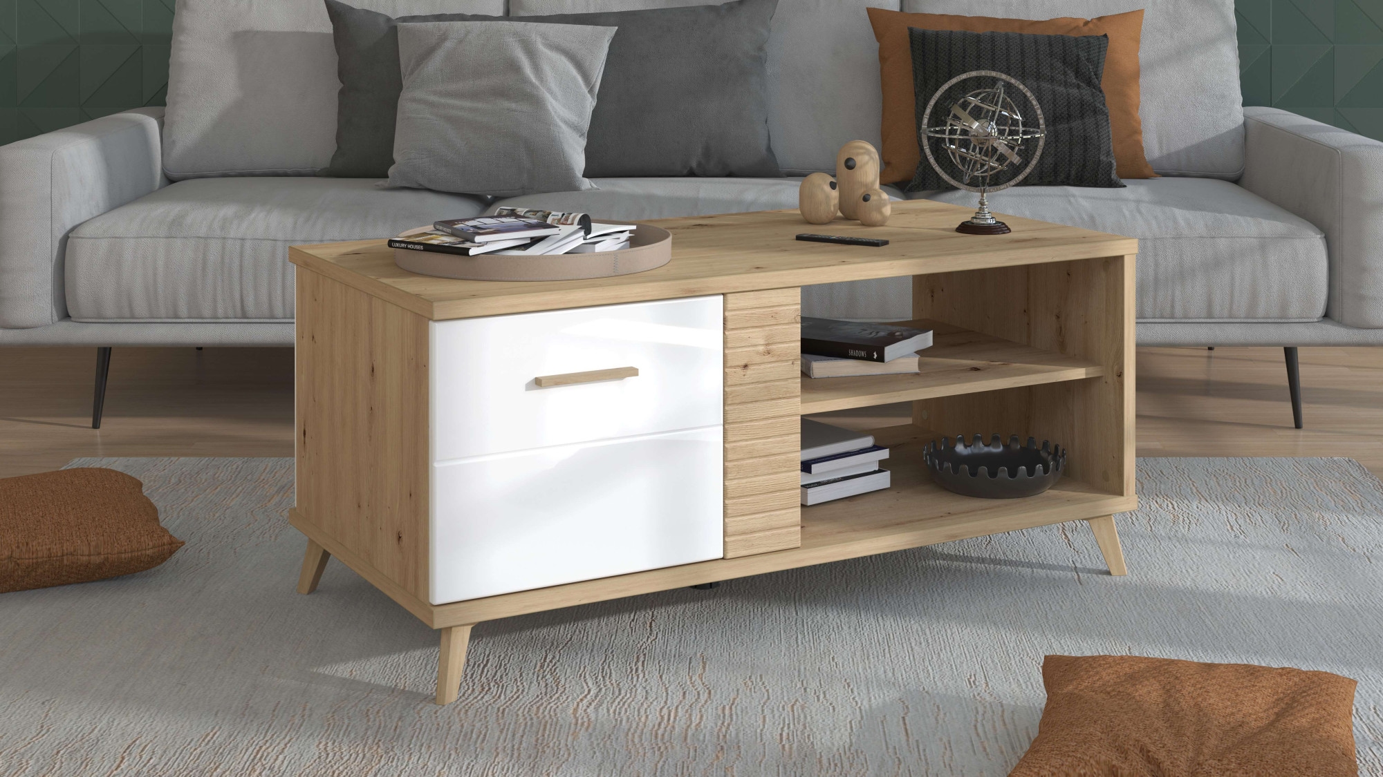 Image of Home affaire Couchtisch "Bretagna 120 cm, rechteckig, in zeitloser Design" mit viel Stauraum, Artisan Eiche Dekor mit Segmenten in Weiss