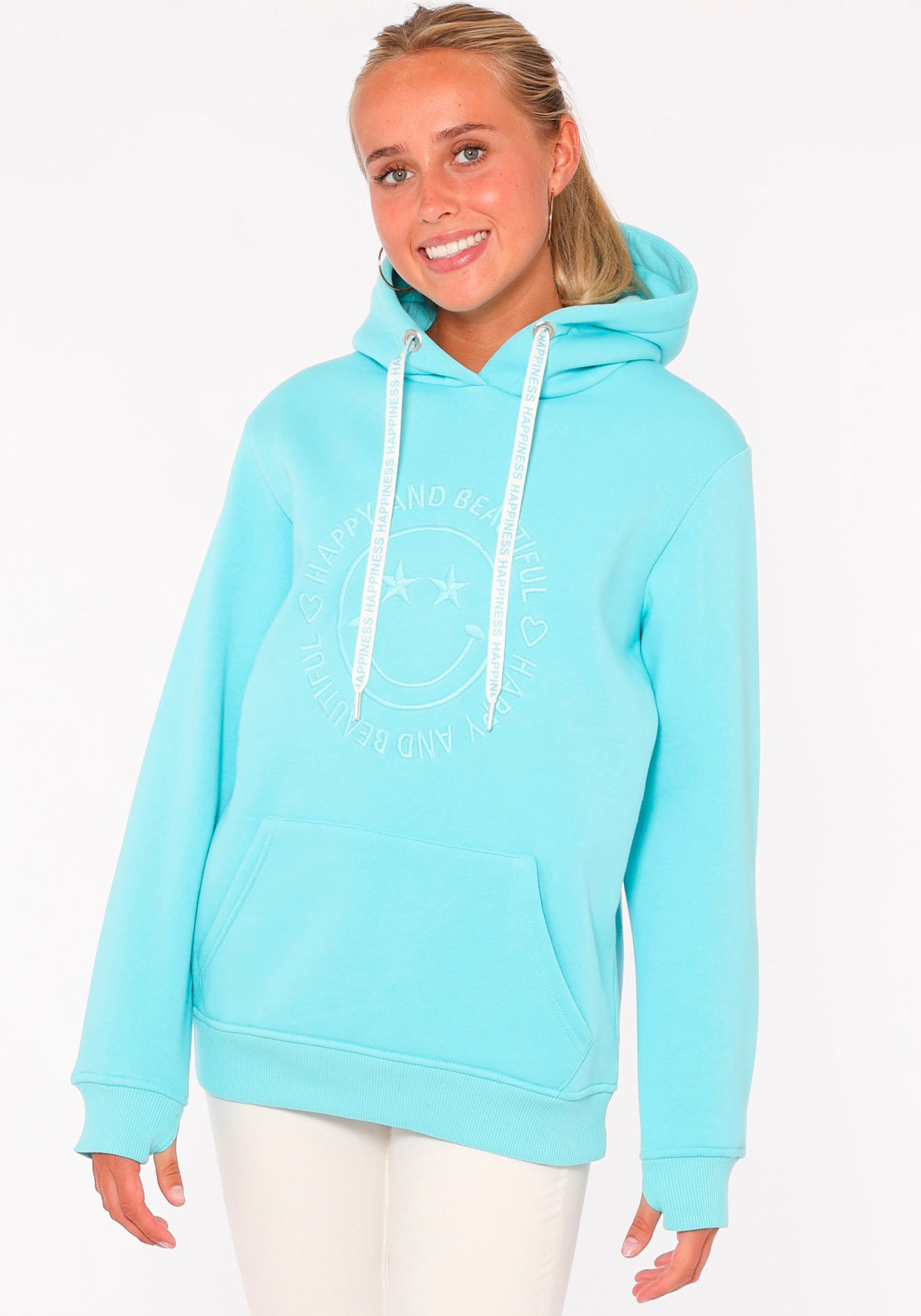 Zwillingsherz Hoodie »Happy and Beautiful«, mit gleichfarbiger Smiley-Stickerei und Bindebänder mit Schriftzug