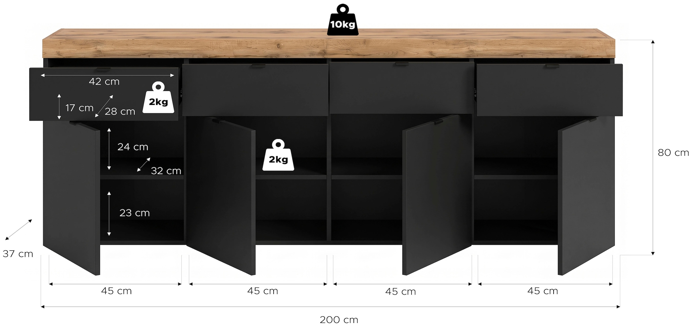 GOODproduct Sideboard »MAMBO II, Breite 200cm, 4 Türen, 4 Schubkästen, 8 Fächer« 1 Stk. tlg. Kommode, Anrichte, Wohnzimmer, Schlafzimmer