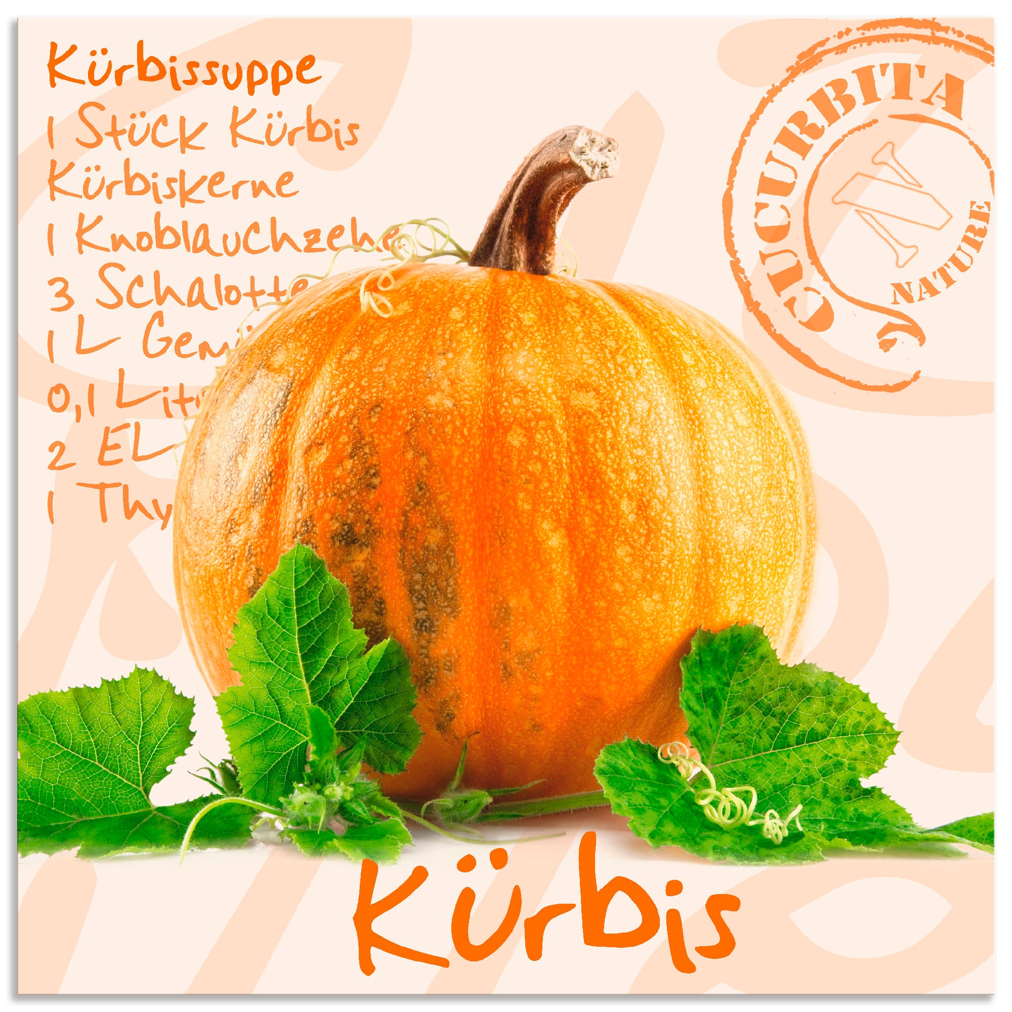 Image of Artland Wandbild »Gelber Kürbis mit grünen Blättern«, Lebensmittel, (1 St.), in vielen Grössen & Produktarten - Alubild / Outdoorbild für den Aussenbereich, Leinwandbild, Poster, Wandaufkleber / Wandtattoo auch für Badezimmer geeignet bei Ackermann Versan