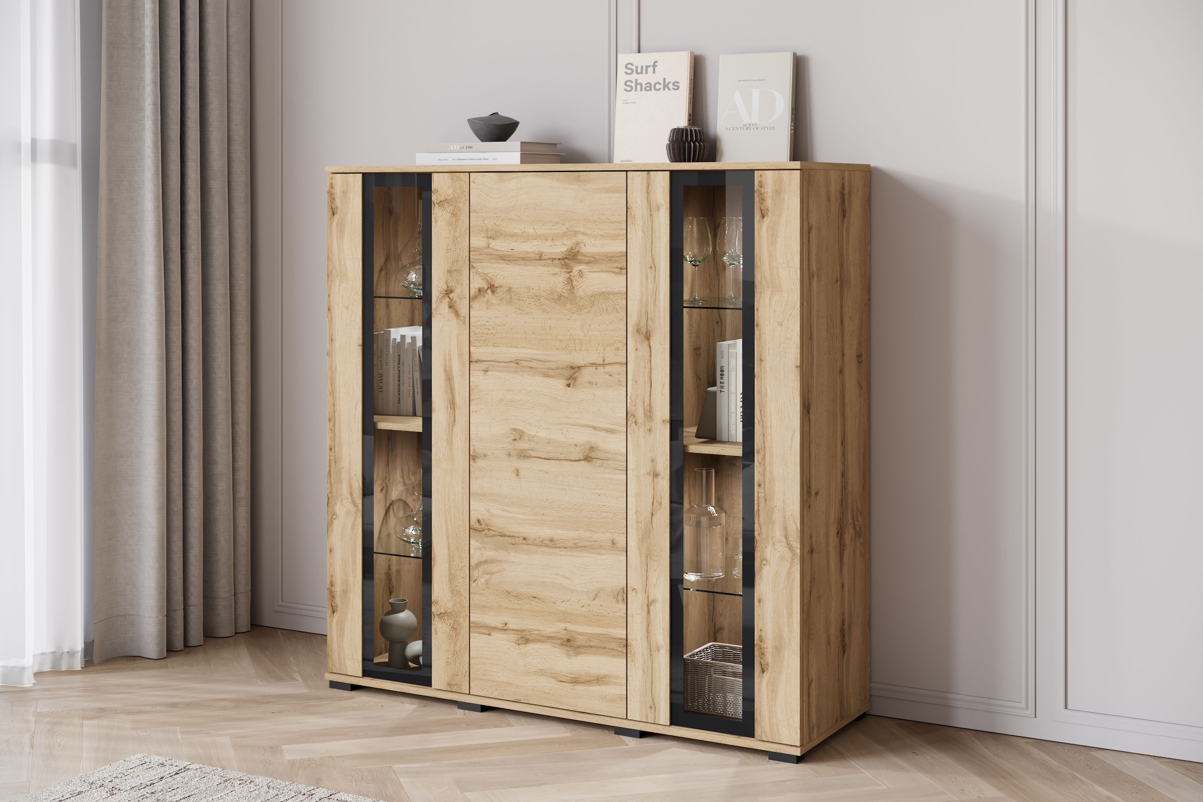 Home affaire Highboard »Caro, modernes Design mit Glaseinsätzen, Breite 120 cm« 1 Stk. tlg. grifflose Fronten mit Push-to-Open, höhenverstellbare Einlegeböden