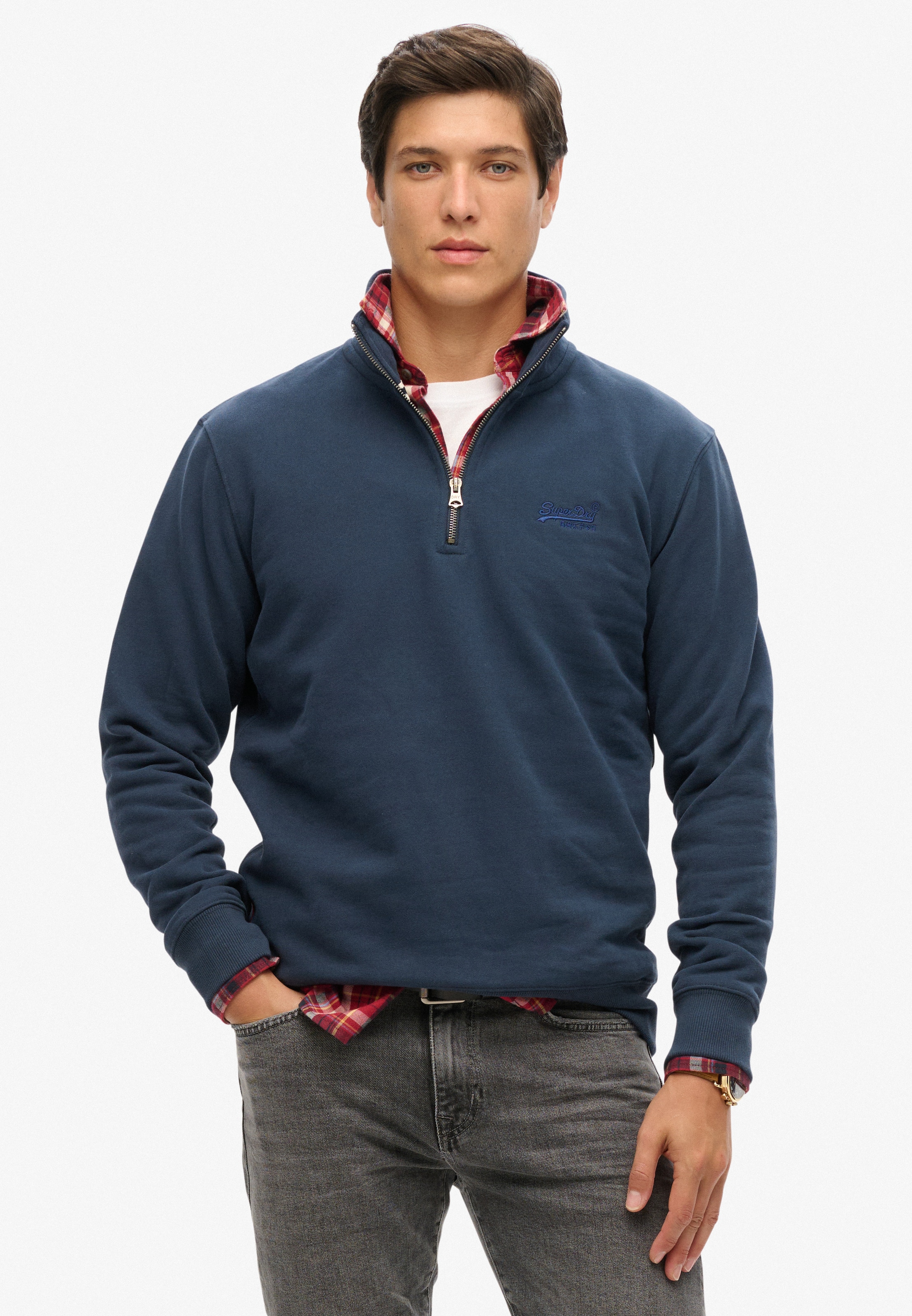 Image of Superdry Sweatshirt "ESSENTIAL LOGO HENLEY", aus Baumwolle und Polyester, Loose Fit, angeraute Sweatware