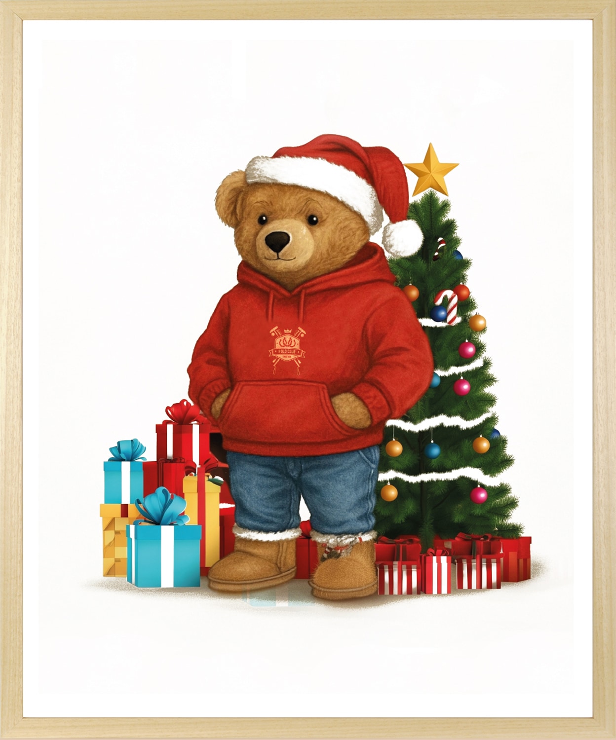 queence Tableau avec cadre »Teddy Bär mit Weihnachtsmütze vor Tannenbaum« Images de mode | Mode | Mode | Ours | Ours | Personnages impression poster HD Premium incl. cadre en bois naturel beige