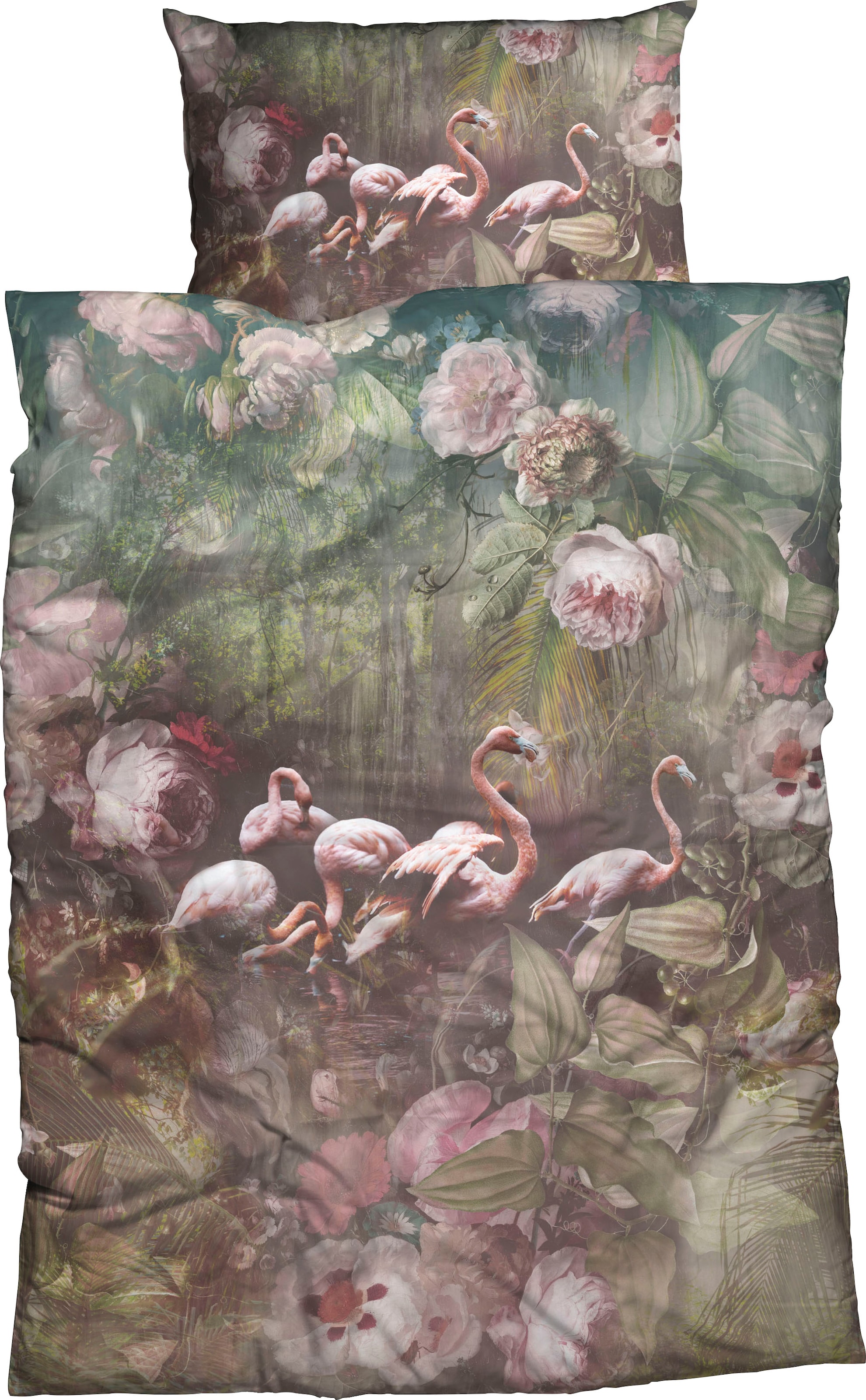 CASATEX Bettwäsche »Flamina«, (2 tlg.), zauberhafte Flamingos und Pfingstrosen