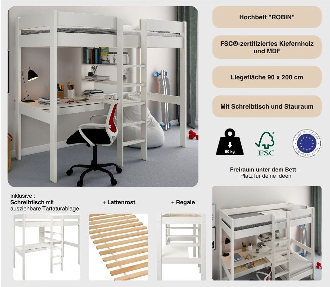 GOODproduct Lit superposé »Stockbett, Kinderbett, "ROBIN " FSC® zertifiziertes Massivholz« mit Schreibtisch und Regalen