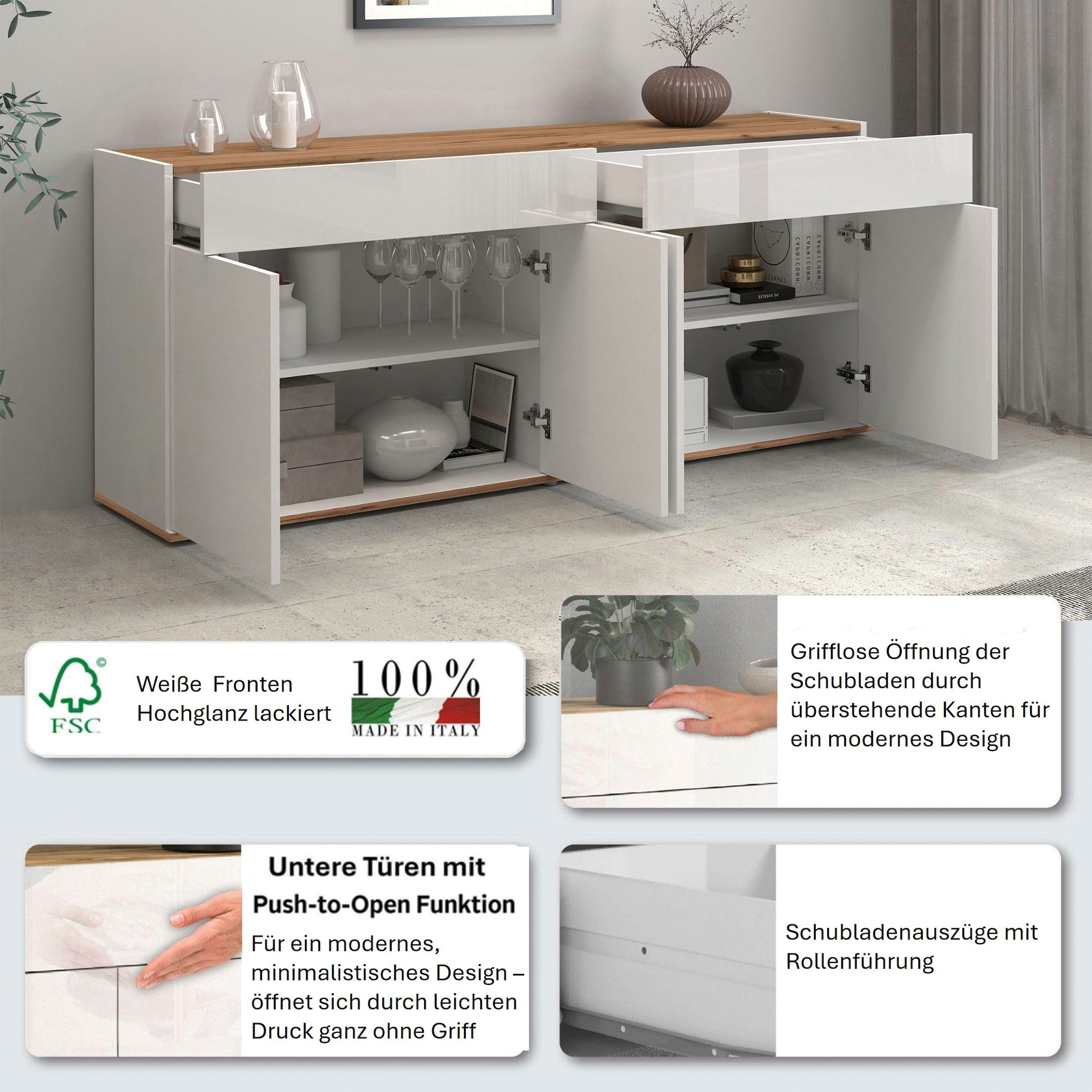 GOODproduct Sideboard »Garda Kommode, Schrank, 4 Türen mit Push-to-Open, Made in Italy« Hochglanzlackierte Fronten,2 Schubladen, grifflos Breite 160,1 cm