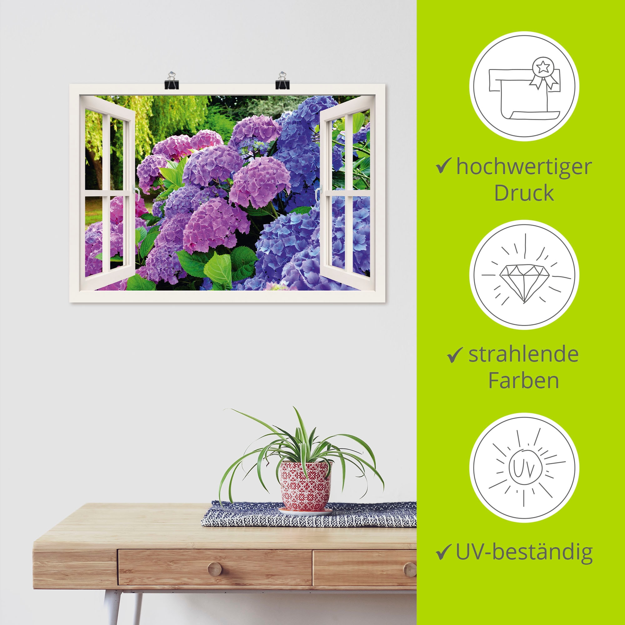 Artland Wandbild »Fensterblick Hortensien im Garten«, Blumen, (1 St.), als Leinwandbild, Poster in verschied. Grössen