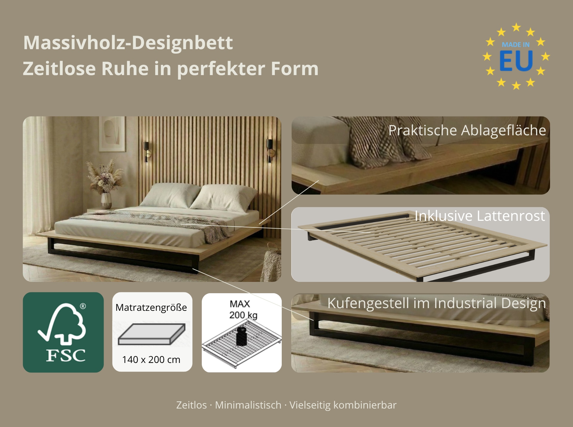 GOODproduct Futonbett »Kobe, Massivholzbett aus Kiefer im Industrial Design, 200 KG belastbar« B/T/H:165/225/18,1 cm,  stabiles Kufengestell,  rundum Ablagefläche, FSC, Made in Europe