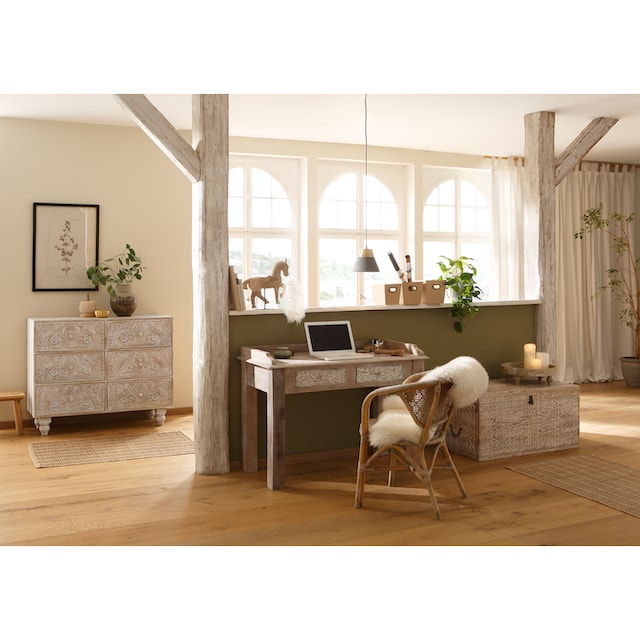 Home affaire Schreibtisch »Lavin«, Mangoholz, mit dekorativen  Schnitzereien, Handgefertigt, Breite 111 cm versandkostenfrei auf