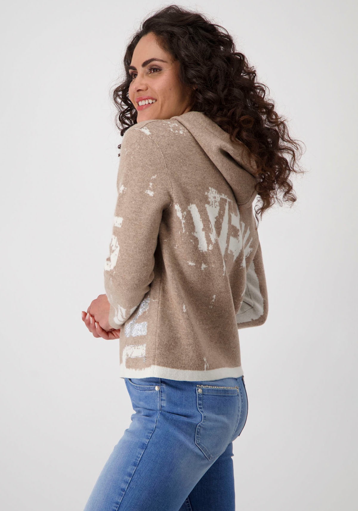 Monari Strickpullover »Pullover Jacquard Schrift«, mit Kapuze