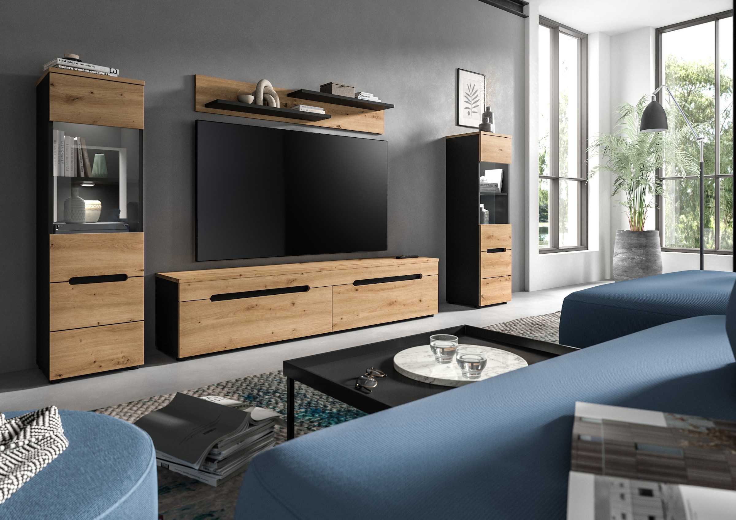 INOSIGN Wohnwand »REHAT, TOPSELLER!, 4-teilig, inkl. Beleuchtung, stehend oder hängend« Set bestehend aus: 2x Vitrine inkl. Beleuchtung, Lowboard & Wandboard, 4 Stk. tlg.