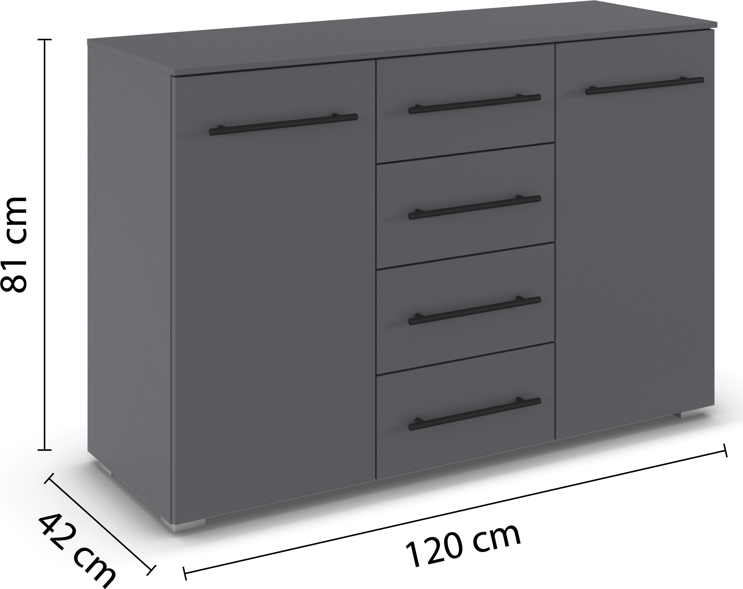 GOODproduct Commode combinée »Highboard Sideboard Schubladenkommode Kommode Schlafzimmer AVOLA« Largeur 120 cm avec fonction SOFT-CLOSE et façade décorative,  quatre grands tiroirs et 2 portes, avec 4 étagères MADE IN GERMANY