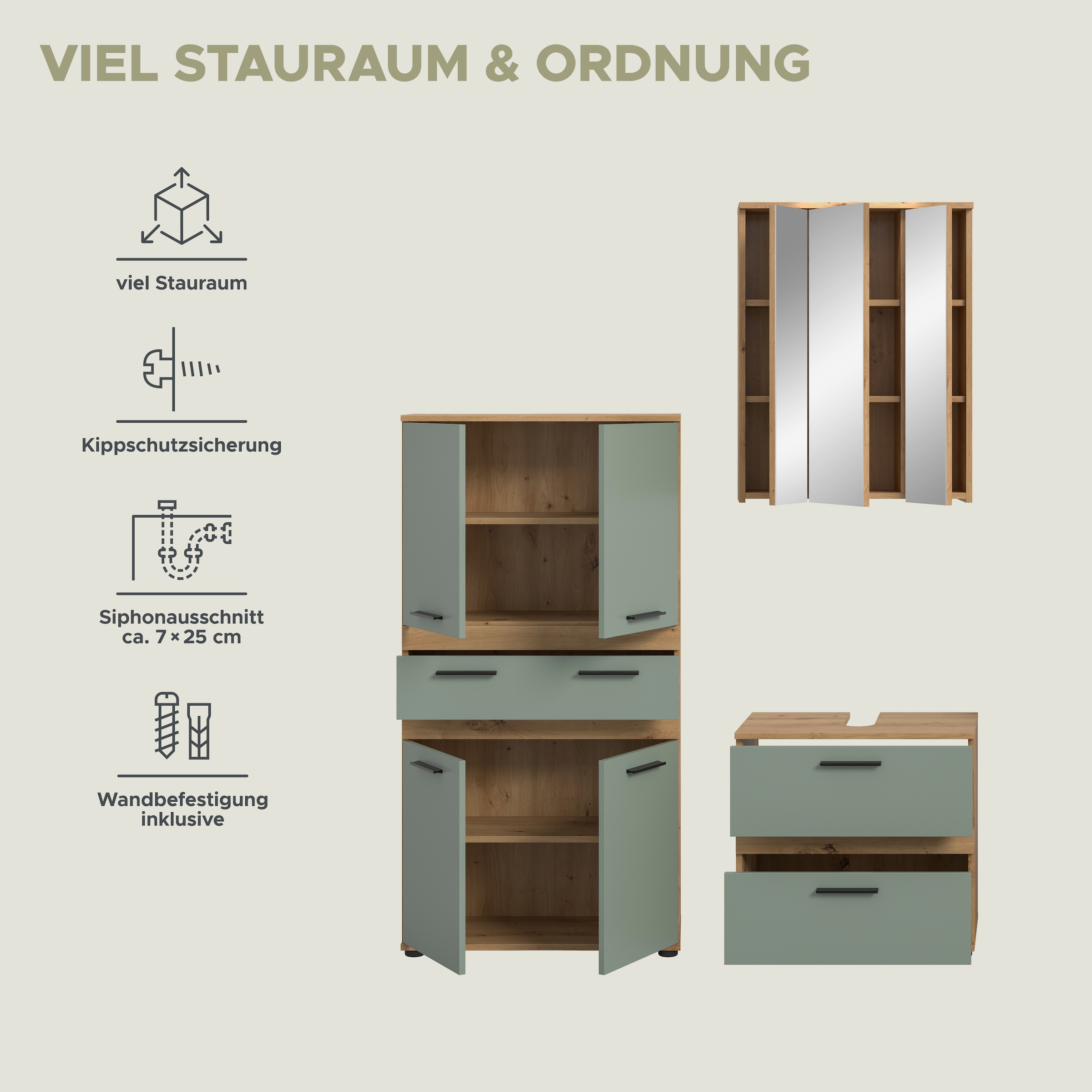 welltime Ensemble de meubles de salle de bain »LUCCA, 3-tlg. Badkombination, viel Stauraum, modernes Design« 3 cuis tlg.