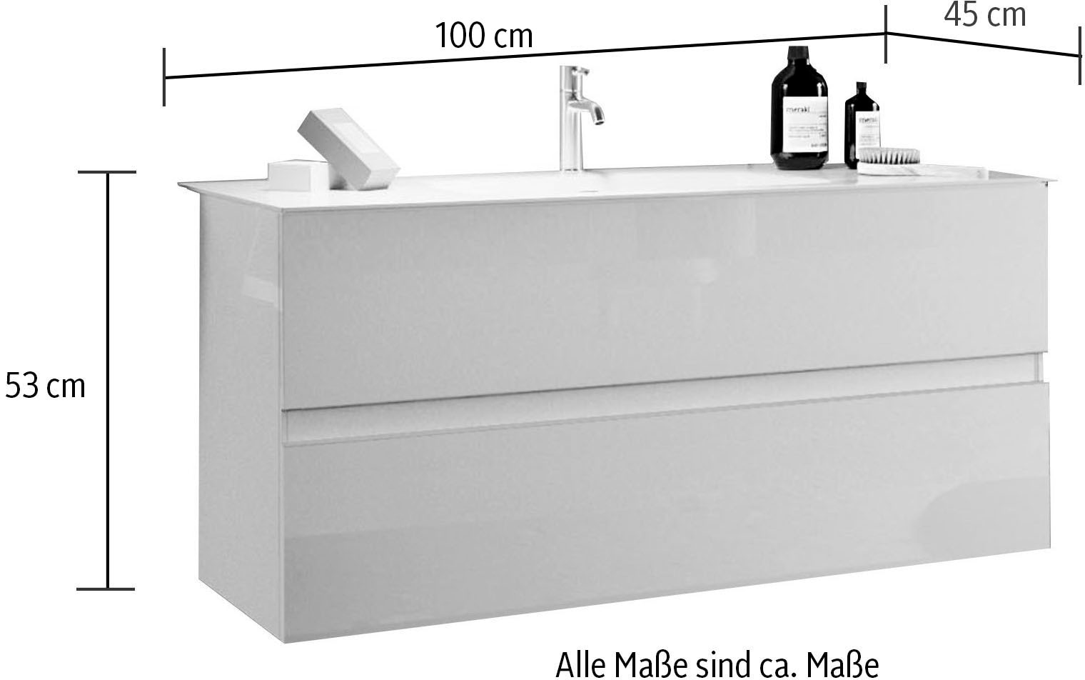 welltime Waschtisch »Start, Breite 100 cm, 2 bzw. 3 Schubkästen«, Badmöbel, Soft-Close, Keramik-Einsatzbecken, Weiss Hochglanz Lack
