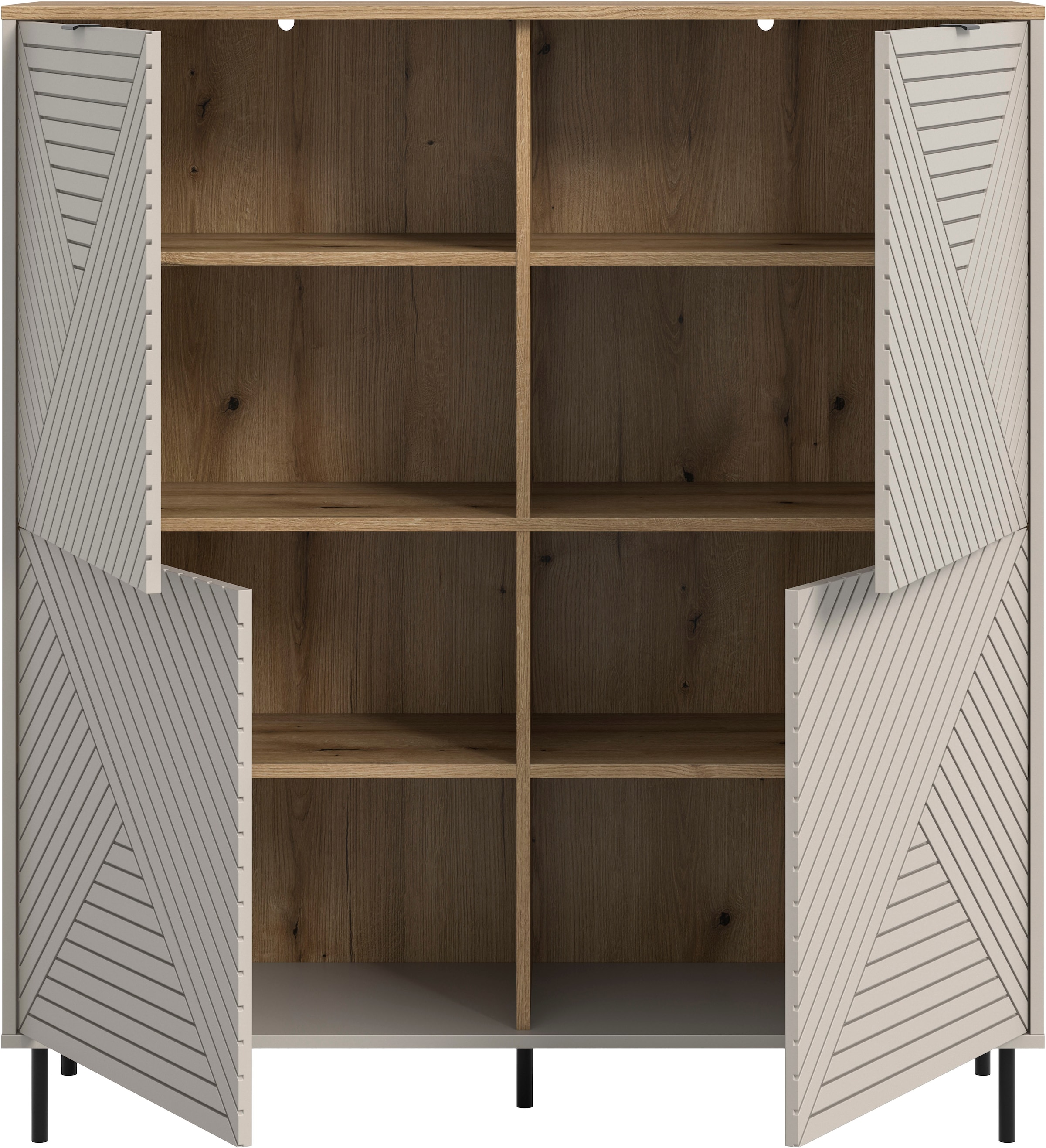 Home affaire Highboard »RAITA, Höhe 135 cm, Front mit Desgin-Fräsung, 4 Türen, viel Stauraum« moderne Farbkombi, individuell einsetzbar, Griffe & Füsse aus Metall,  Kommode, Anrichte, Schrank, Sideboard, Lowboard