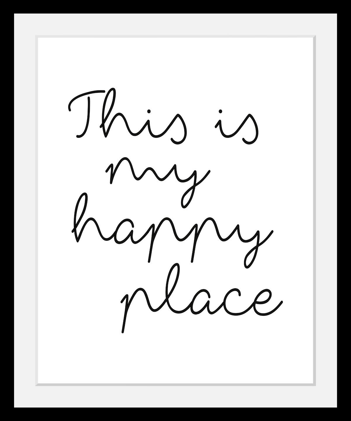 Image of queence Bild "happy place" Fashion Frau Motivationsbilder Schriftzug Schwarz-Weiss HD Premium Poster-Druck inkl. Holzrahmen