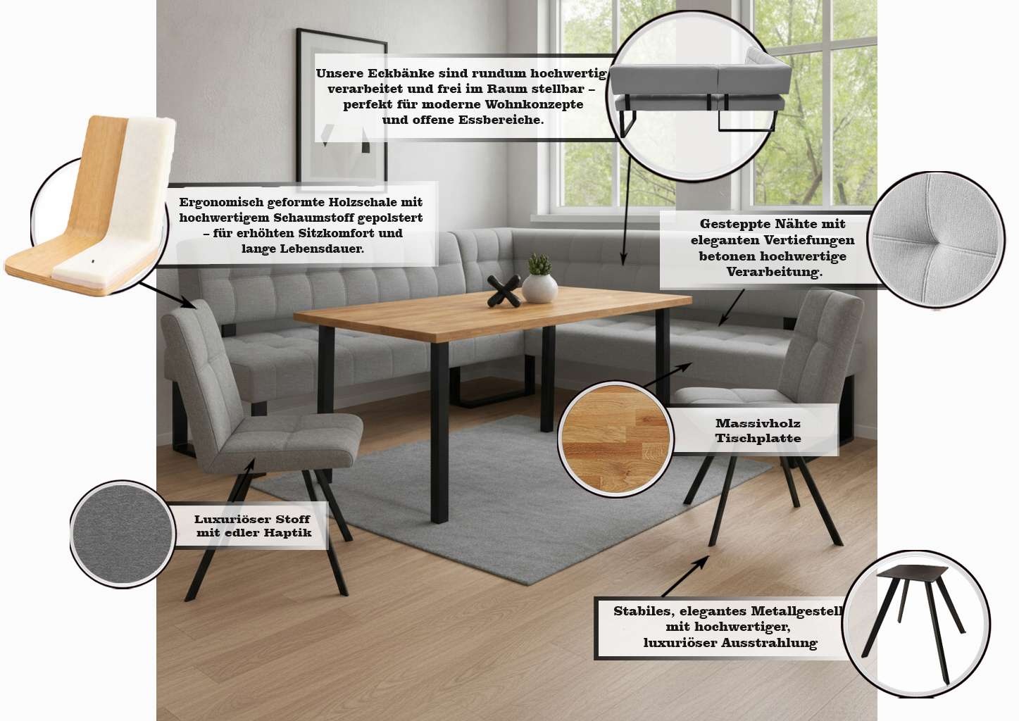 Home affaire 1100000002199 »Mia Essecke, Sitzgruppe, Eckbankgruppe, Küchenbankgruppe« Set, 4er, 4 tlg. Eckbank mit Wellenfederung; Tisch in Eiche massiv