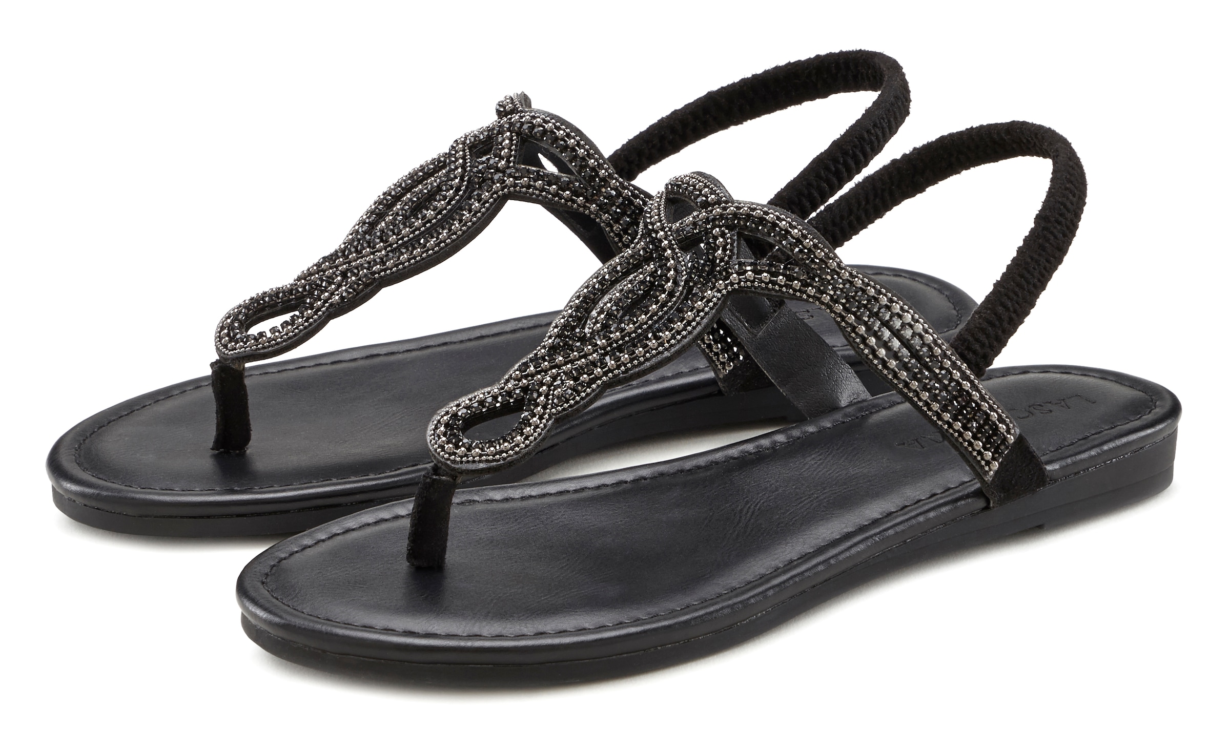 Image of LASCANA Zehentrenner "Sommerschuh, offener Schuh," Sandale, Pantolette mit Schmucksteinen in Glitzer-Optik VEGAN