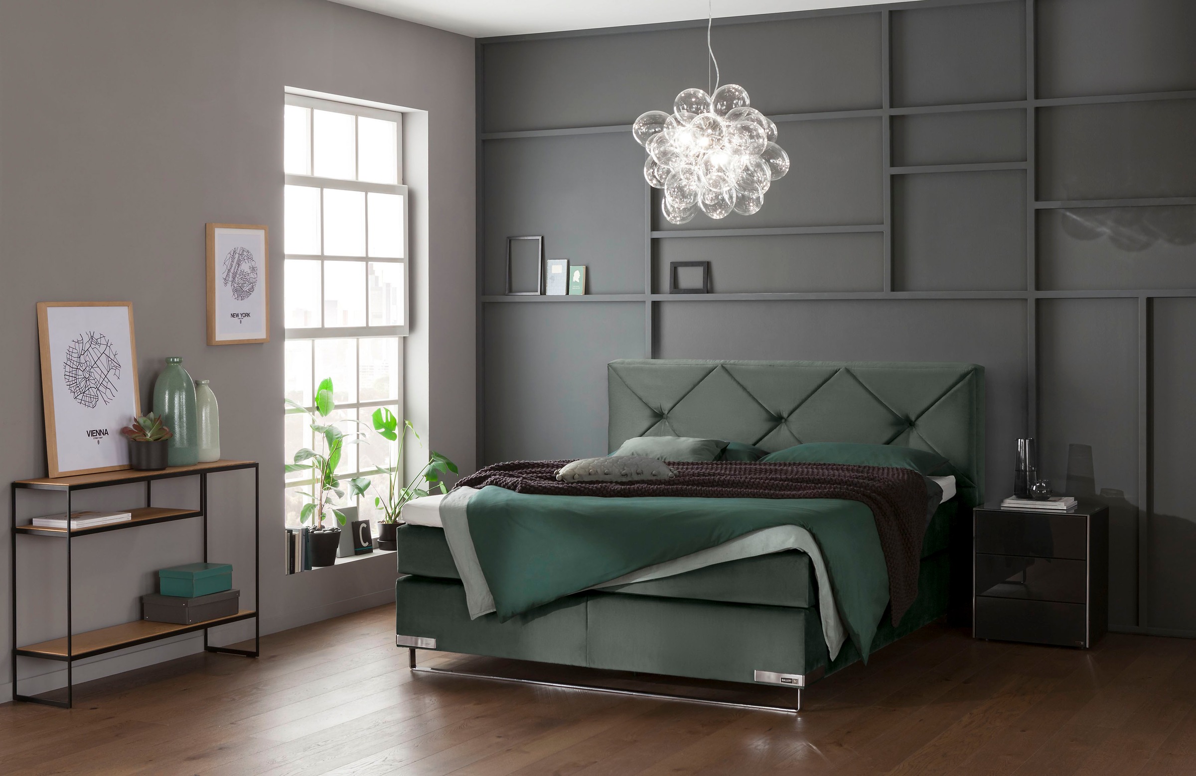 Musterring Boxspringbett »Dubai«, Kufe in Chrom, 3 Härtegrade, Kopfteil mit Knopfheftung