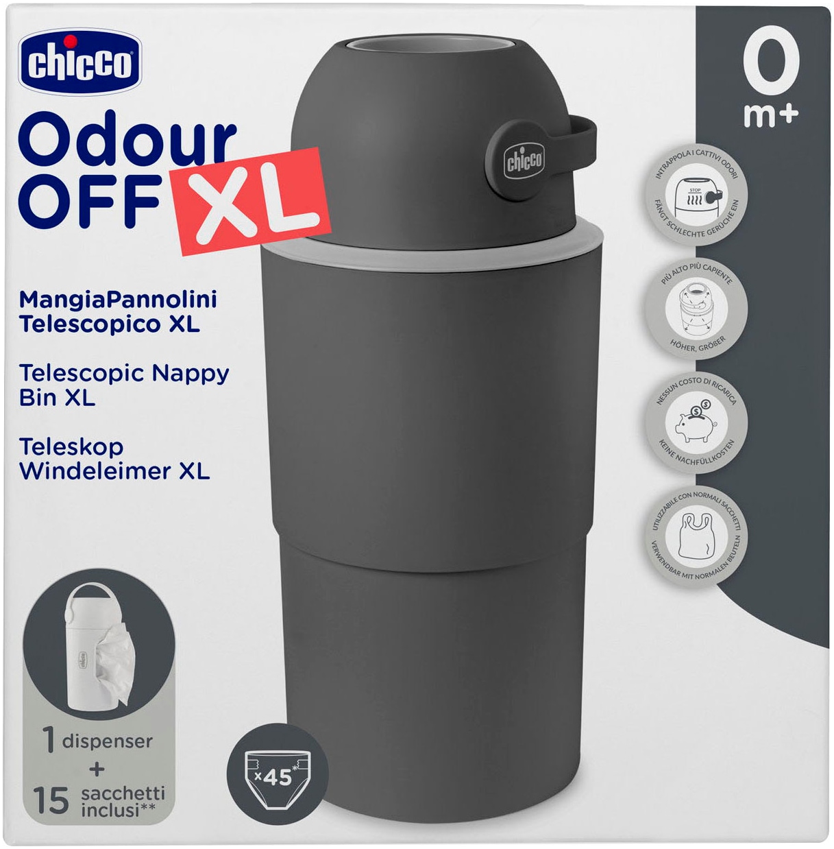 Chicco Seau à couches »Teleskop, Odour off XL« inklusive 1 Pck. Müllbeutel Odour Off und einem Müllbeutelspender