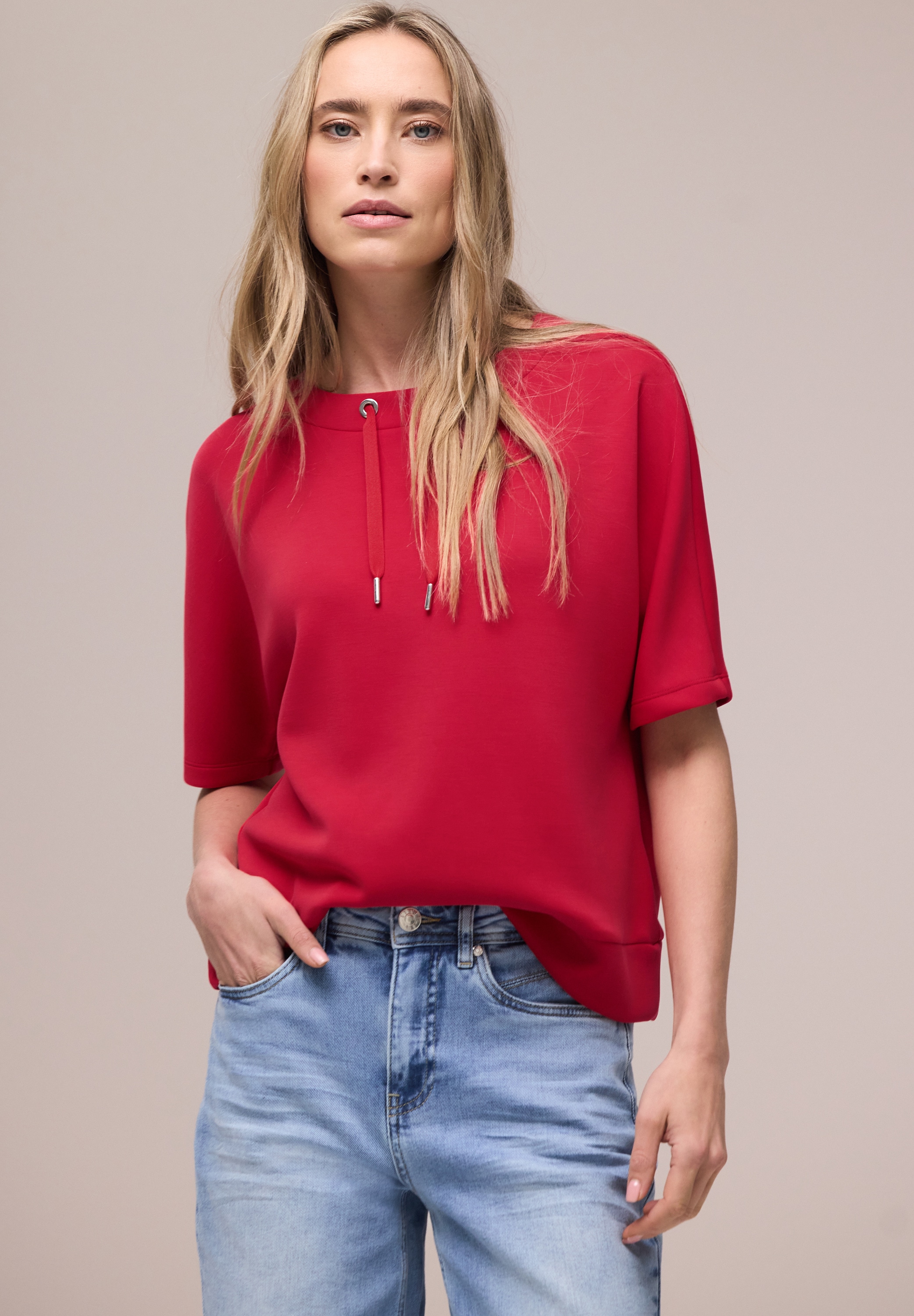 Image of STREET ONE Sweatshirt, Halbarm Silk-Look Shirt mit Kordelzug