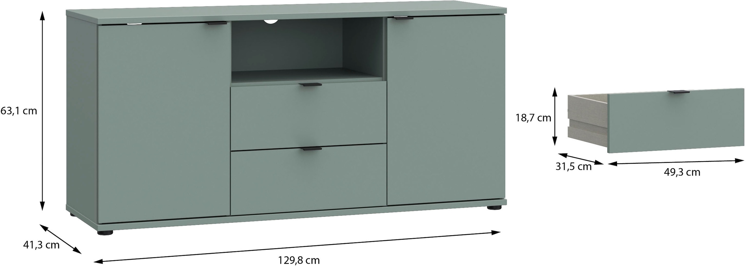 FORTE Lowboard »Ganymede« Breite 129,8cm,  TV Board, Stauraum, Schublade; Metallgriffe, Kabelführung